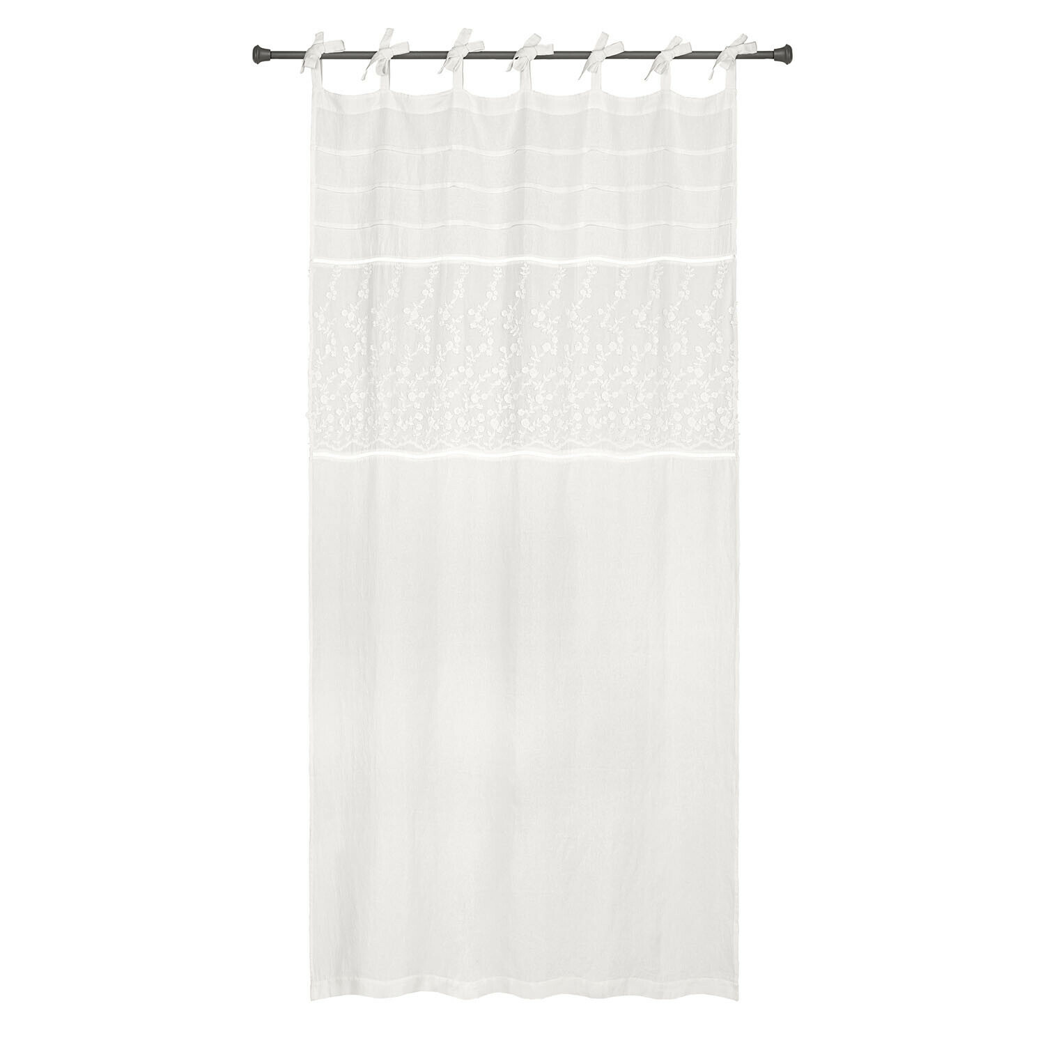 Tenda Lunérie Tenda bianca in cotone con delicato ricamo e nastri annodati per decorazione finestra