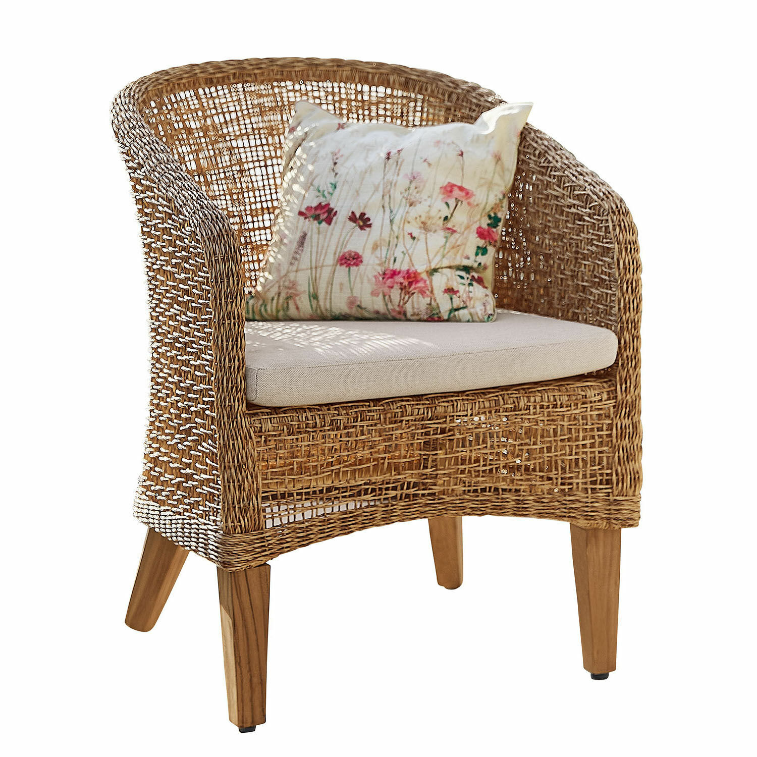 Poltrona Redcliffe Poltrona in rattan con cuscino chiaro e fodera floreale, materiale naturale e gambe in legno