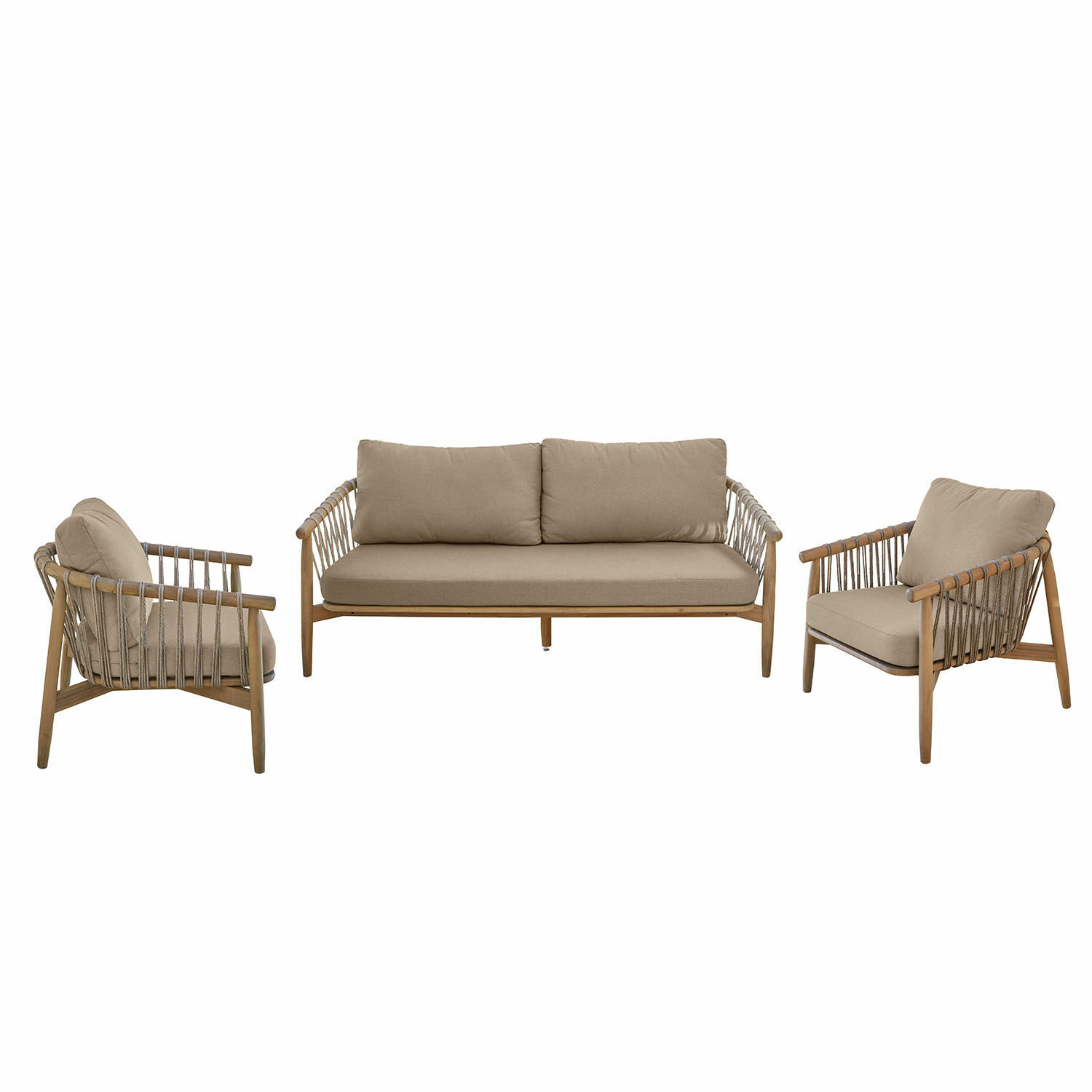 Set divano e poltrone FSC®-100% Thornwick Set di mobili da giardino in legno con cuscini beige, moderno salotto da esterno