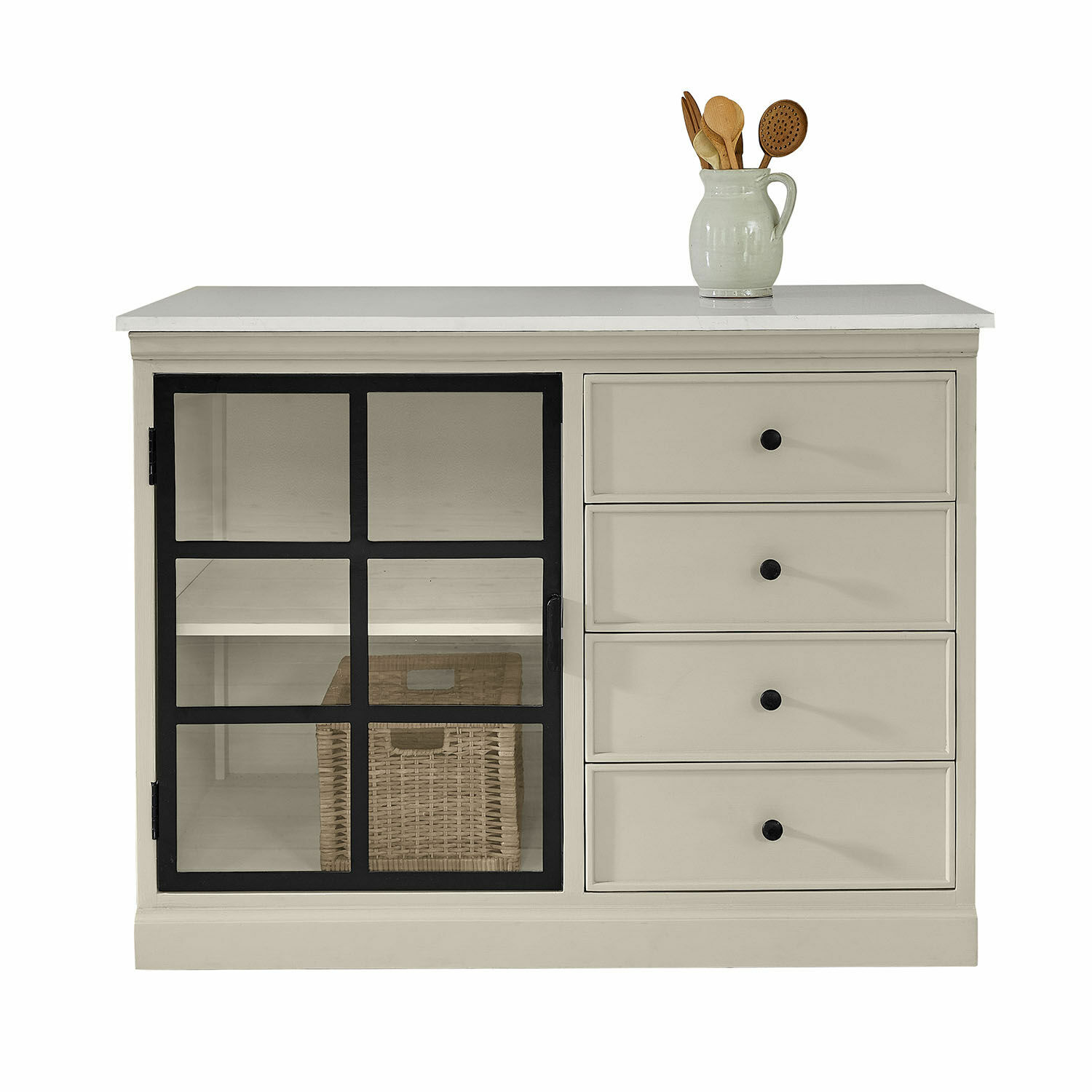 Mobile da cucina Orlévine Madia beige con porta in metallo nero e quattro cassetti per riporre oggetti in soggiorno