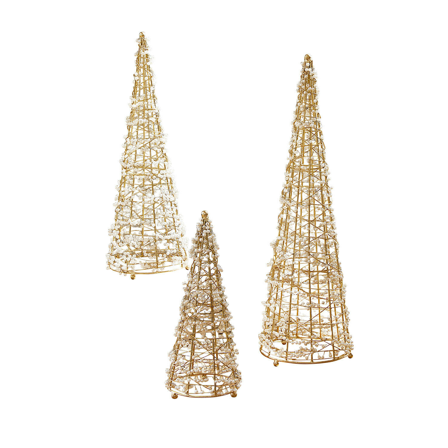 Set di 3 alberi decorativi Amelioro Set di tre decorazioni coniche dorate con palline bianche, addobbi natalizi per interni