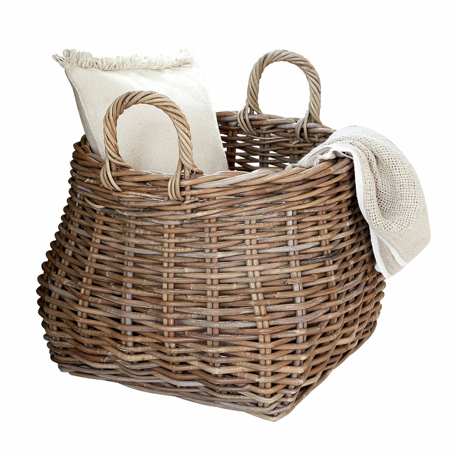 Cesto Leogane Grande cesta in vimini marrone con manici, con cuscino crema e coperta, per pratico stoccaggio