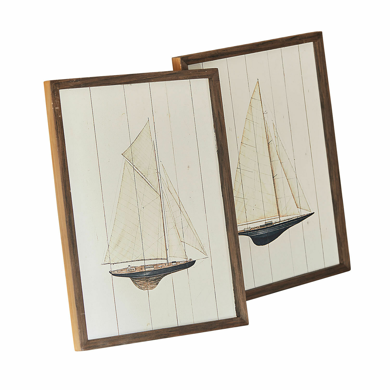 Coppia di quadri Lemoux Due quadri in legno con barche a vela su sfondo bianco, decorazione murale in stile marinaro