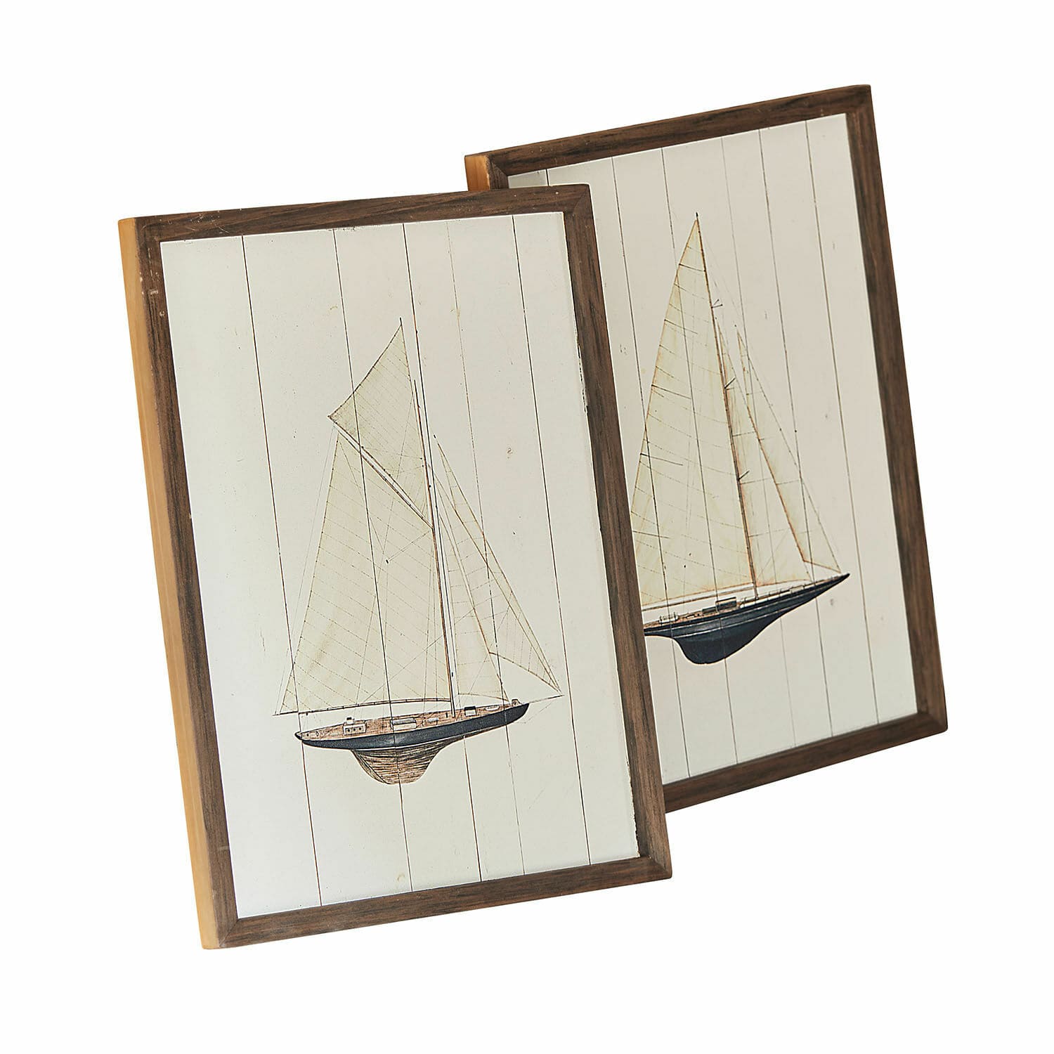 Coppia di quadri Lemoux Due quadri in legno con barche a vela su sfondo bianco, decorazione murale in stile marinaro
