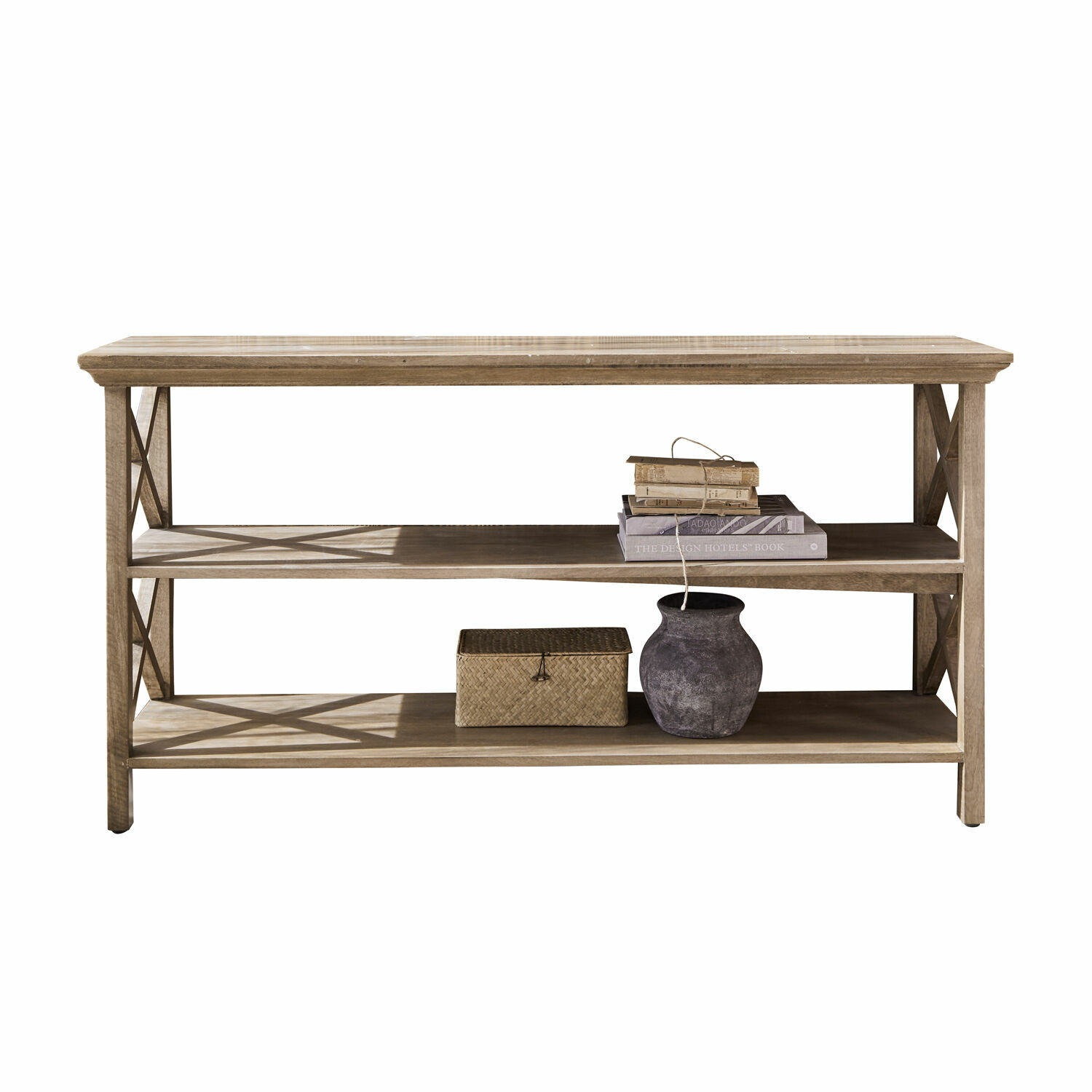 Consolle Vélu Consolle in legno naturale con due ripiani, decorata con libri e vaso scuro