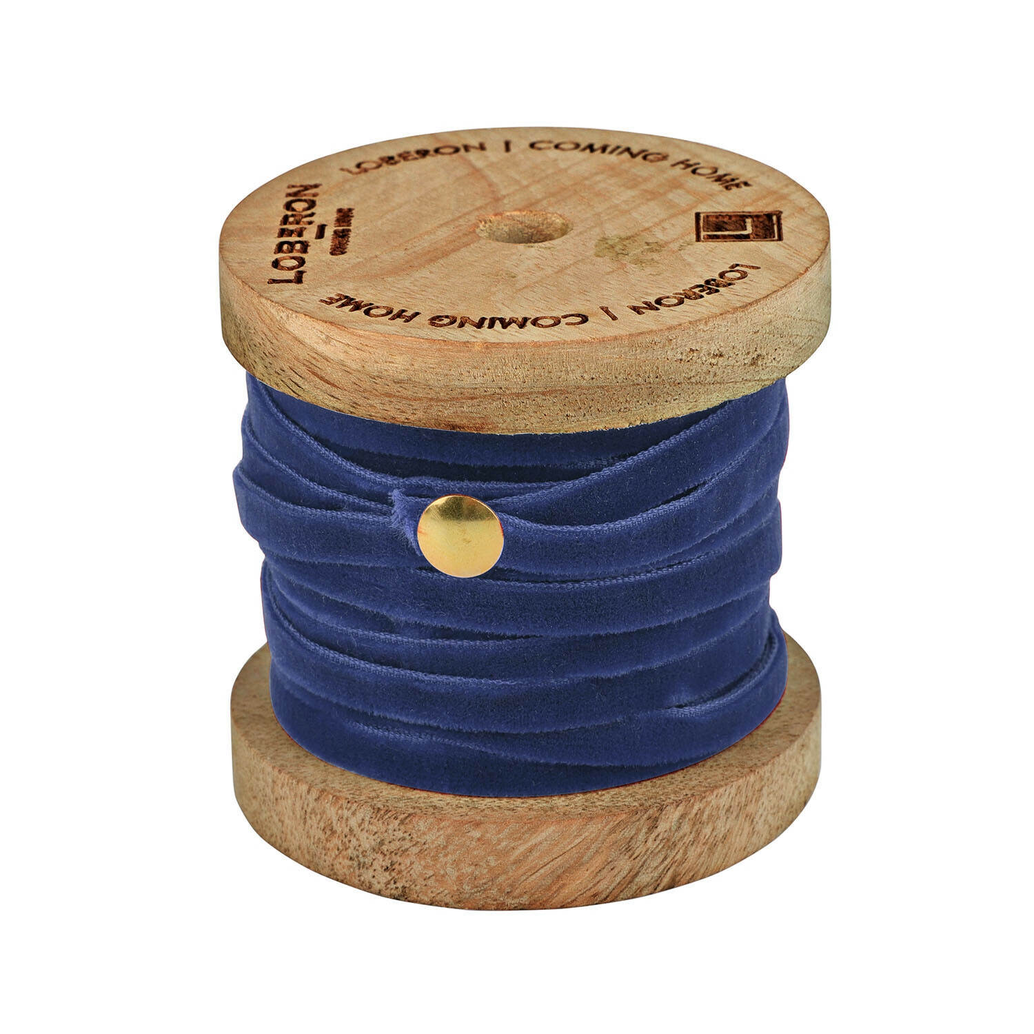 Nastro in velluto blu scuro Olessa su rocchetto di legno, nastro decorativo per artigianato e regali