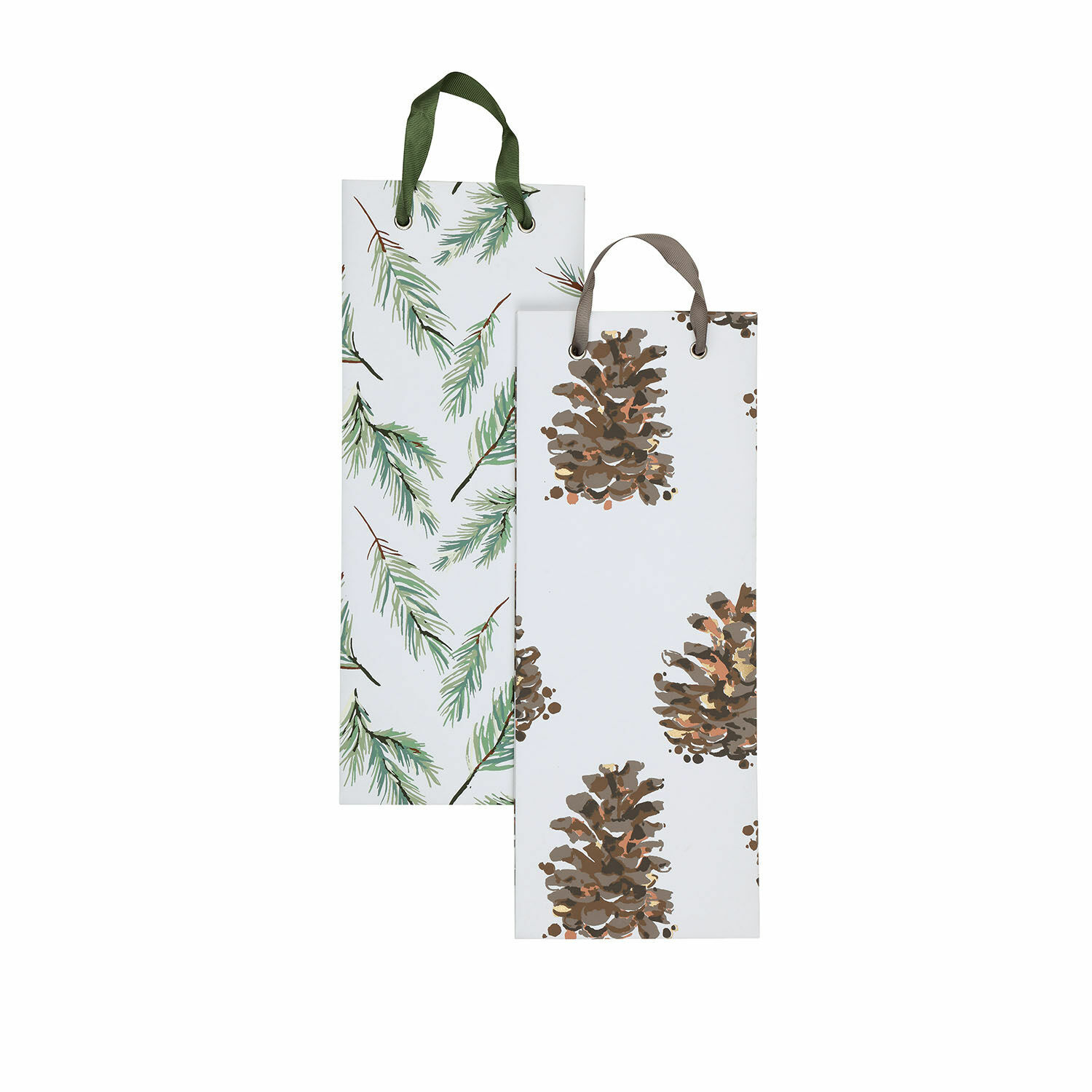 Set per impacchettare in mix FSC® Jiva Set di due sacchetti di carta per bottiglie con motivo di pigne e rami in tonalità verdi e marroni