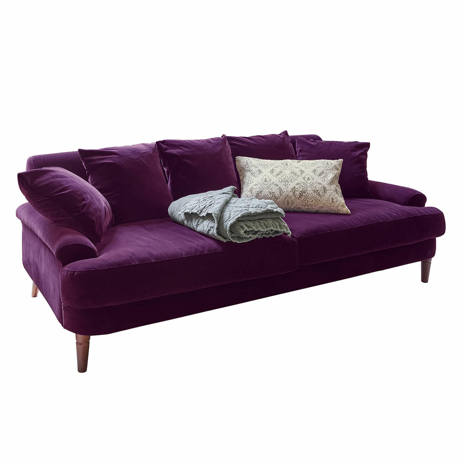 Divano Rivermere Divano in velluto viola con cuscini e coperta grigia, mobile moderno per il soggiorno
