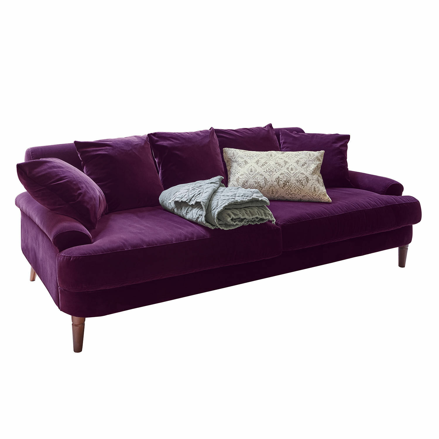 Divano Rivermere Divano in velluto viola con cuscini e coperta grigia, mobile moderno per il soggiorno