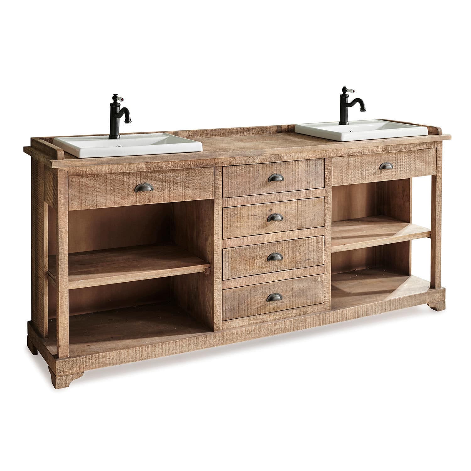 Mobile con doppio lavabo Farum Mobile bagno in legno con due lavabi bianchi in ceramica e rubinetti neri