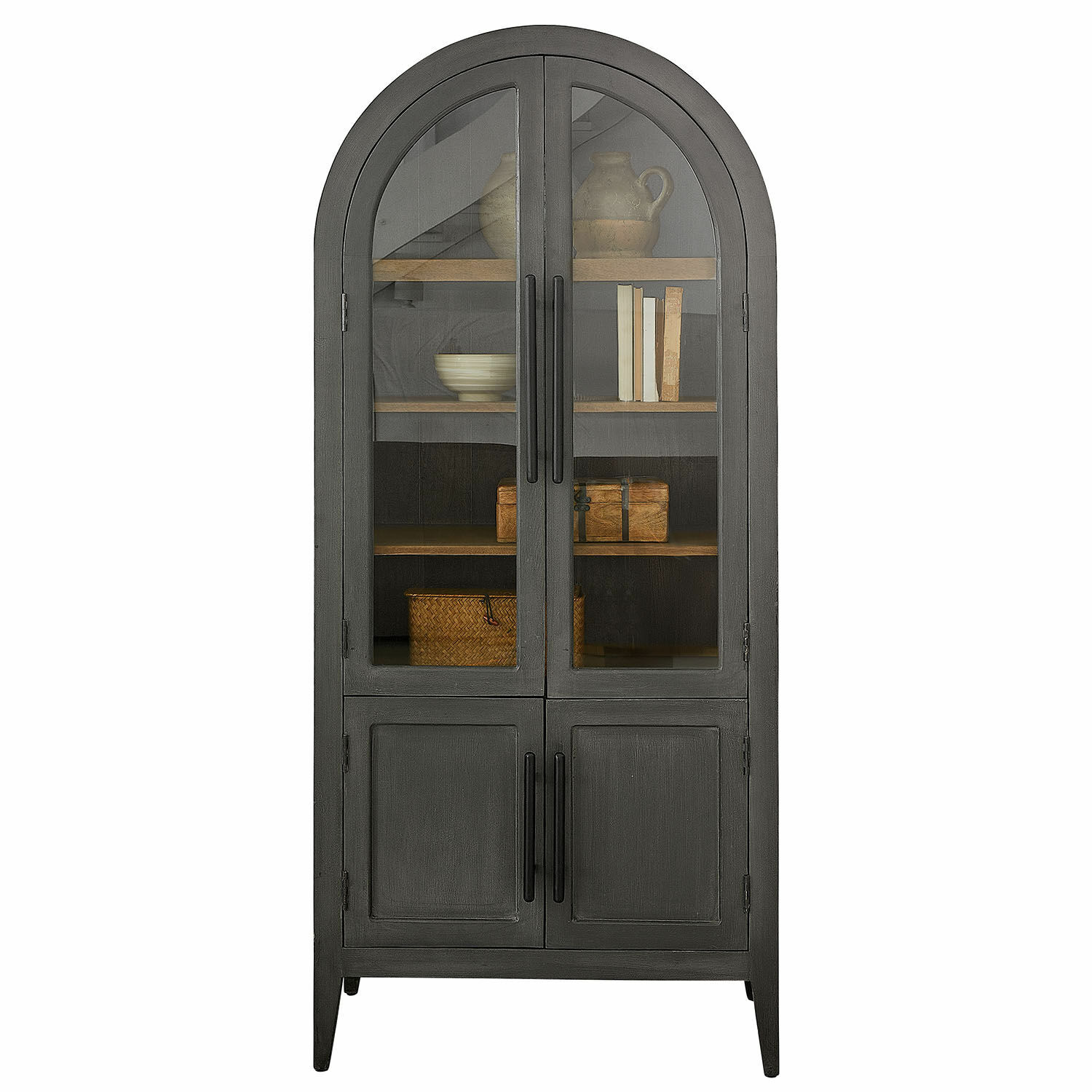 Vetrina Chaloraine Vetrina nera in metallo con ante in vetro e ripiani in legno per elegante conservazione