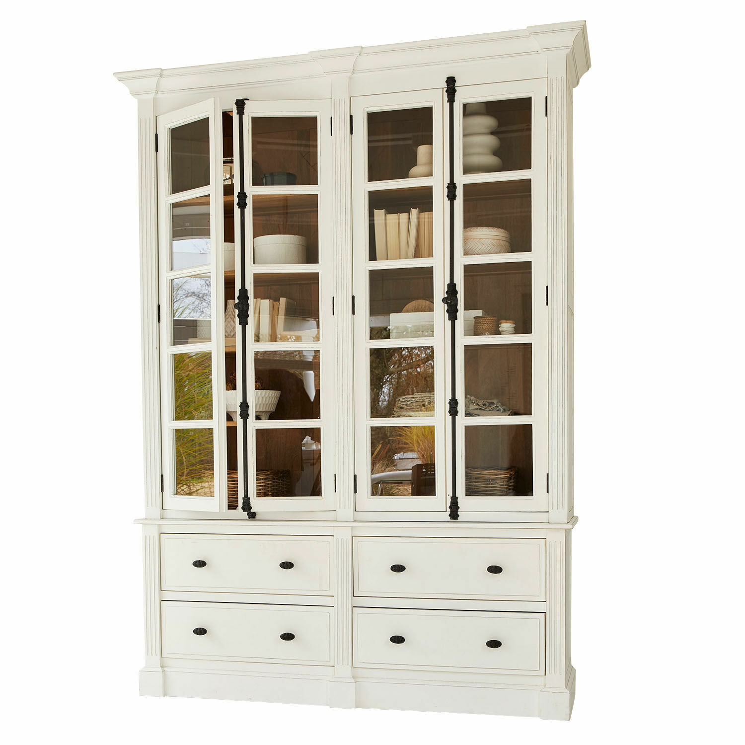 Libreria Laimont Vetrina in legno bianco con ante in vetro e maniglie nere, mobile elegante per soggiorno