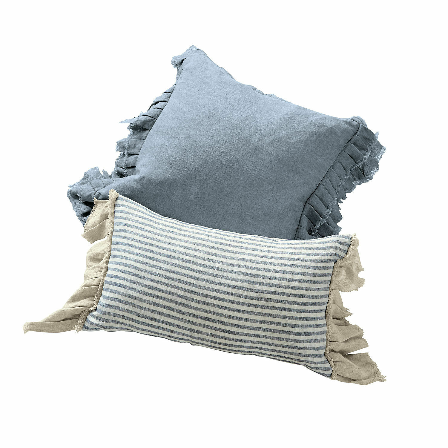 Coppia di copricuscini Alexane Set di due cuscini decorativi in lino blu e beige con volant per soggiorno