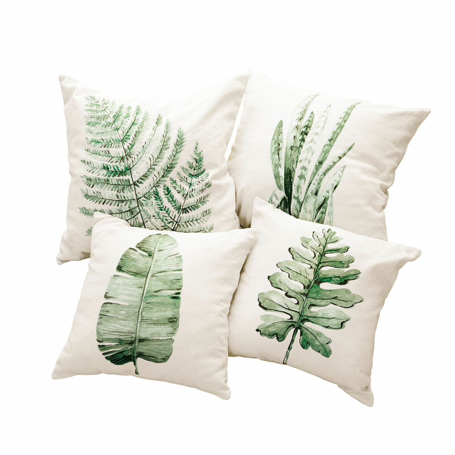 Set di 4 copricuscini Marly Set di quattro cuscini crema con stampe di foglie verdi, decorazione naturale per interni
