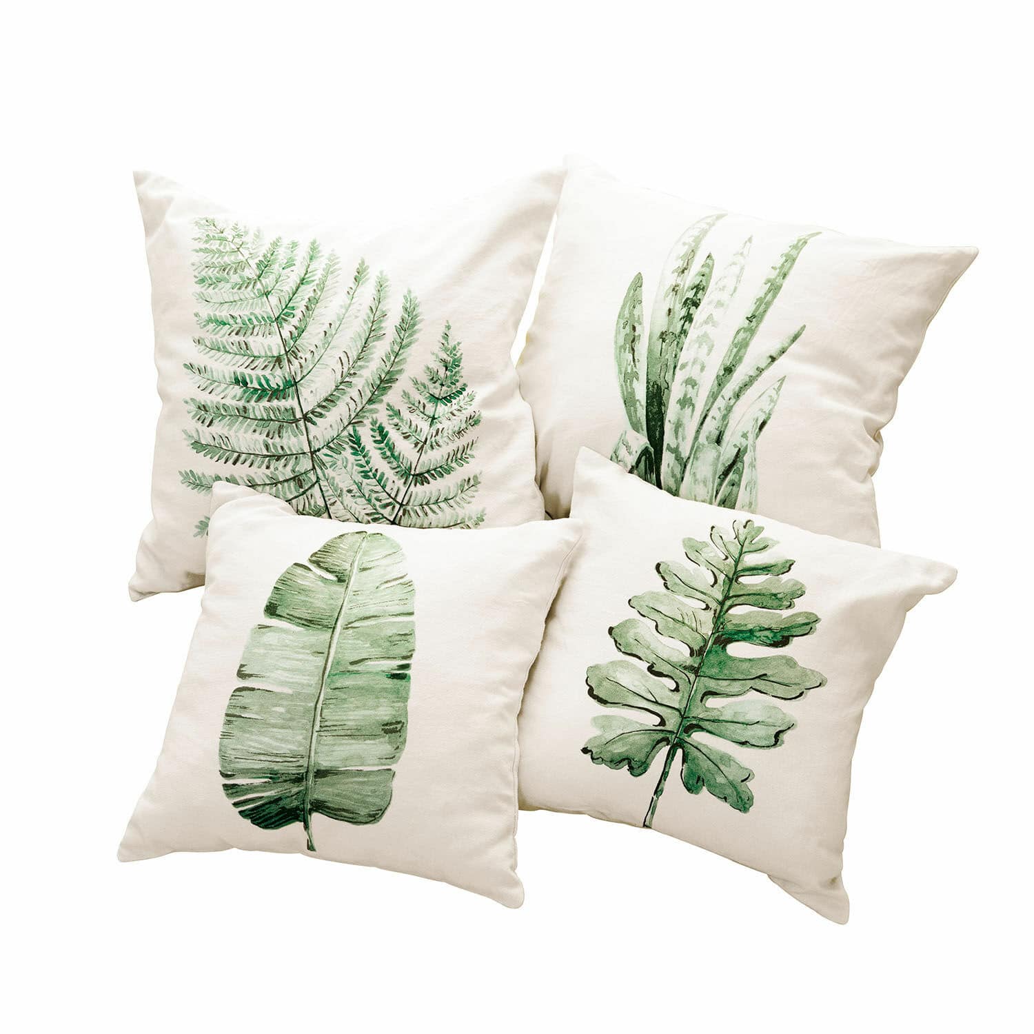 Set di 4 copricuscini Marly Set di quattro cuscini crema con stampe di foglie verdi, decorazione naturale per interni