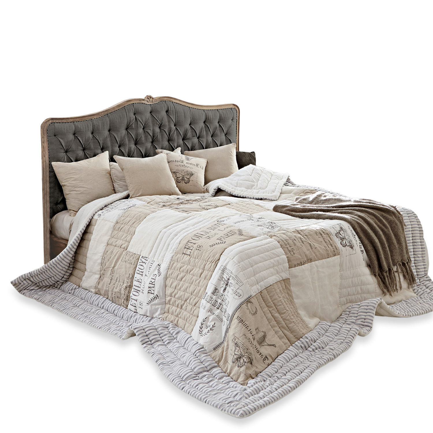 Letto Declaire Letto con testiera imbottita grigia e copriletto beige con stampa vintage per camera da letto