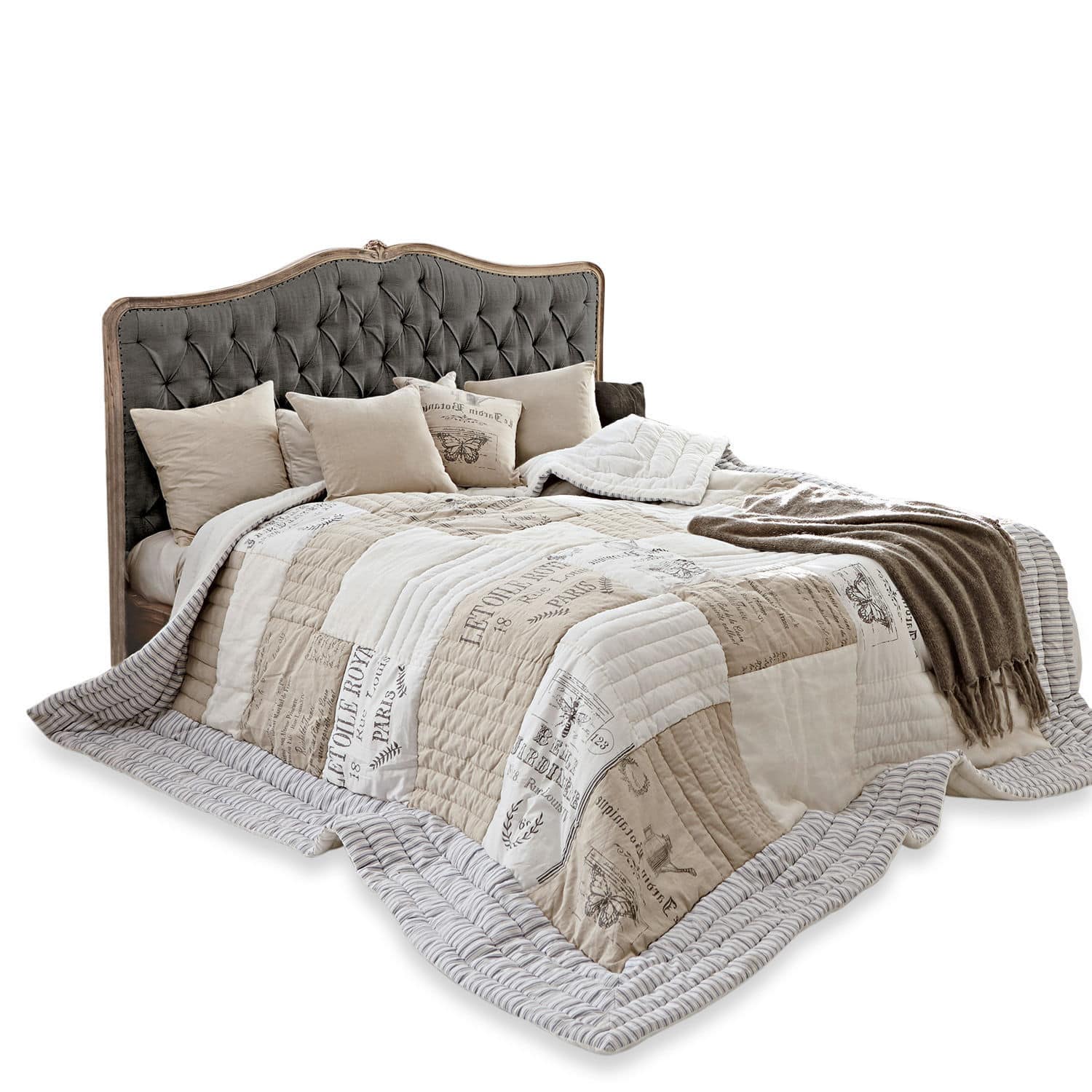 Letto Declaire Letto con testiera imbottita grigia e copriletto beige con stampa vintage per camera da letto