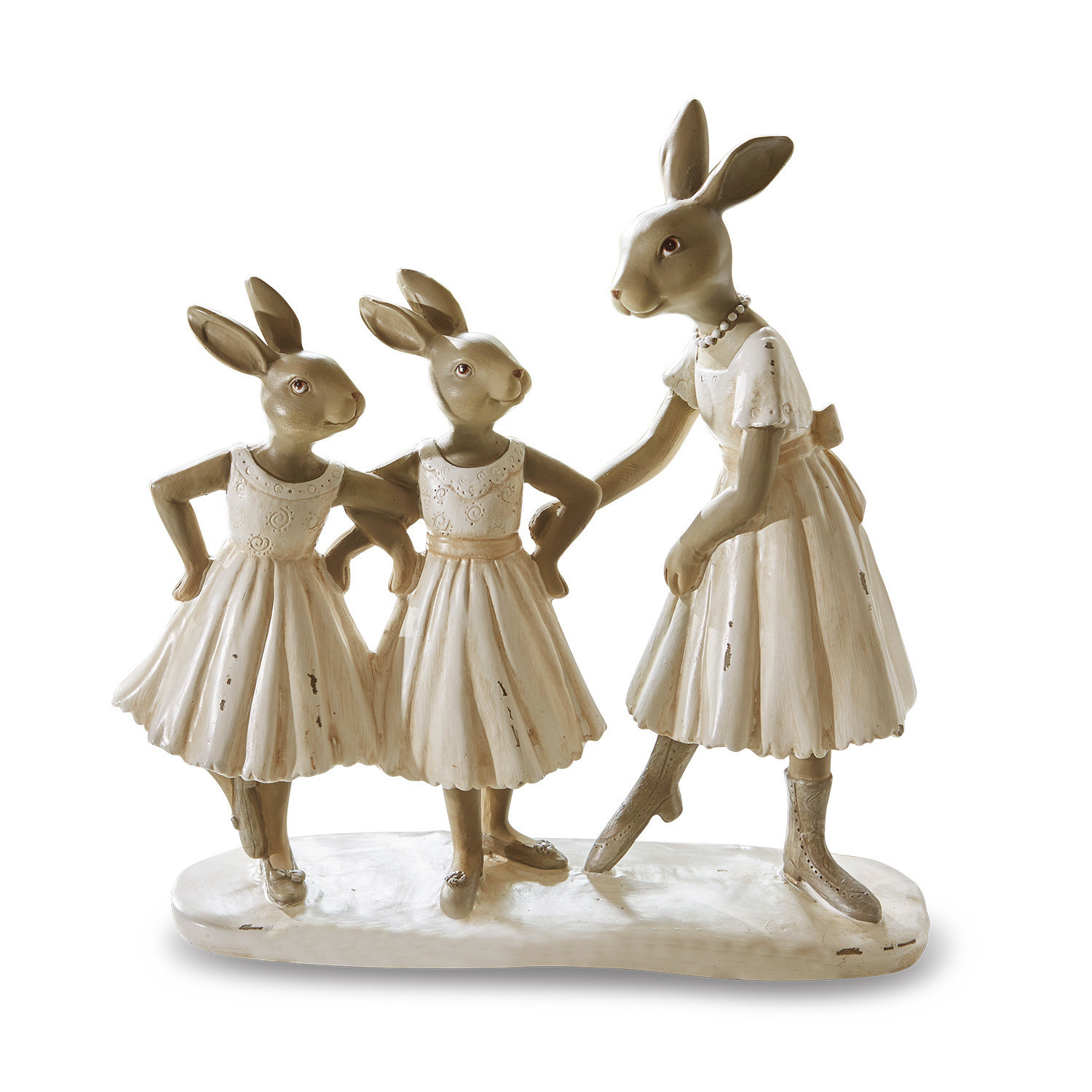 Coniglietti Danseuses Figure di tre conigli in abiti crema di materiale, decorazione pasquale per la casa