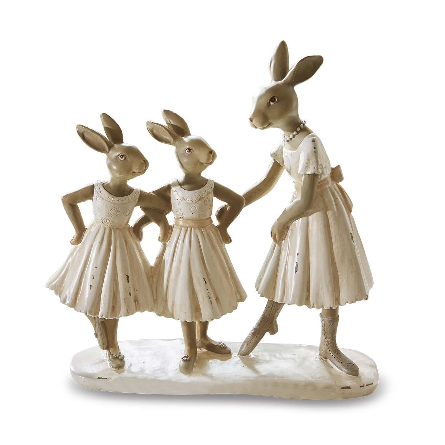 Coniglietti Danseuses Figure di tre conigli in abiti crema di materiale, decorazione pasquale per la casa