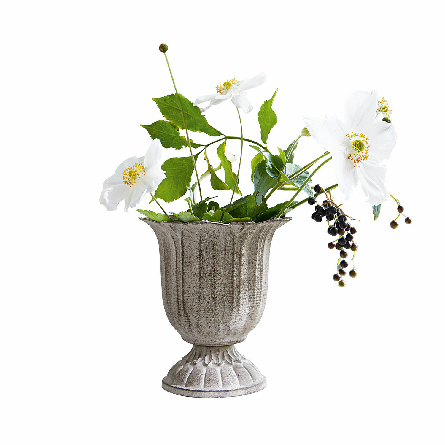 Vaso Hanson Vaso in ceramica grigia con fiori bianchi e foglie verdi per decorazione d'interni