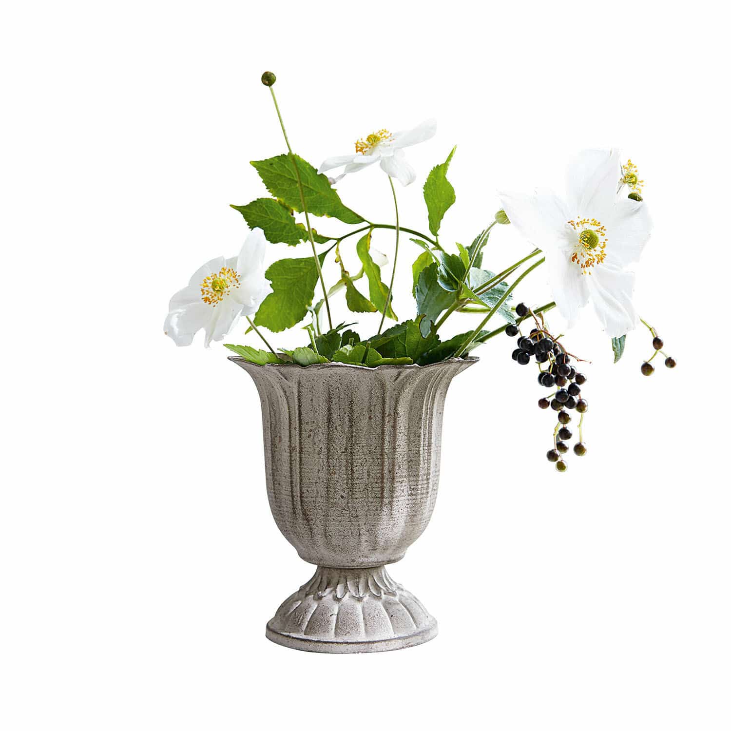 Vaso Hanson Vaso in ceramica grigia con fiori bianchi e foglie verdi per decorazione d'interni