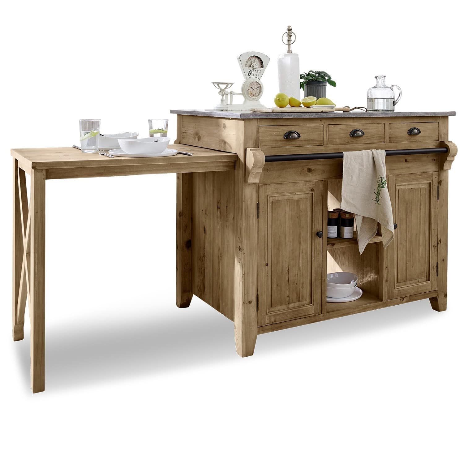 Mobile da cucina Évain Isola cucina in legno con tavolo estraibile e cassetti, colore legno naturale
