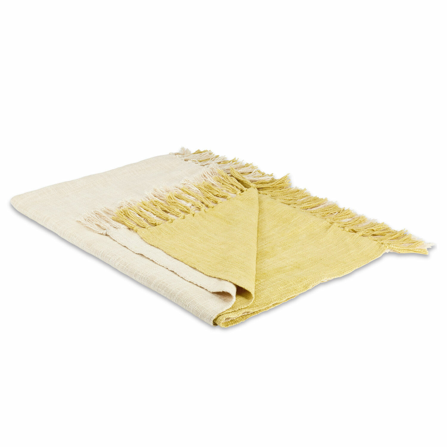 Plaid Aurice Plaid reversibile in cotone crema e giallo con frange, morbido e decorativo