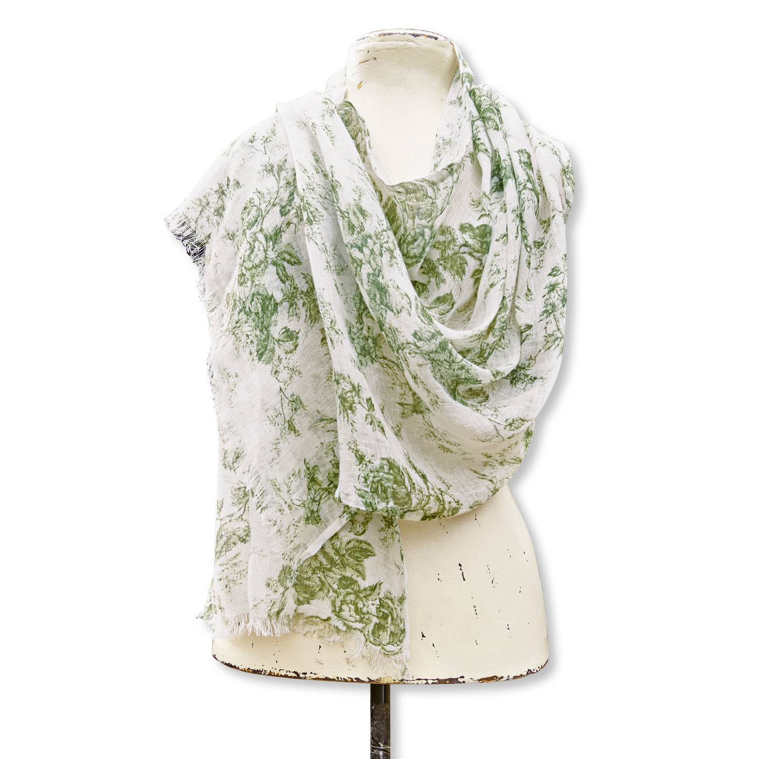 Scialle Mercier Sciarpa leggera bianca con motivo floreale verde in materiale naturale, accessorio moda primaverile