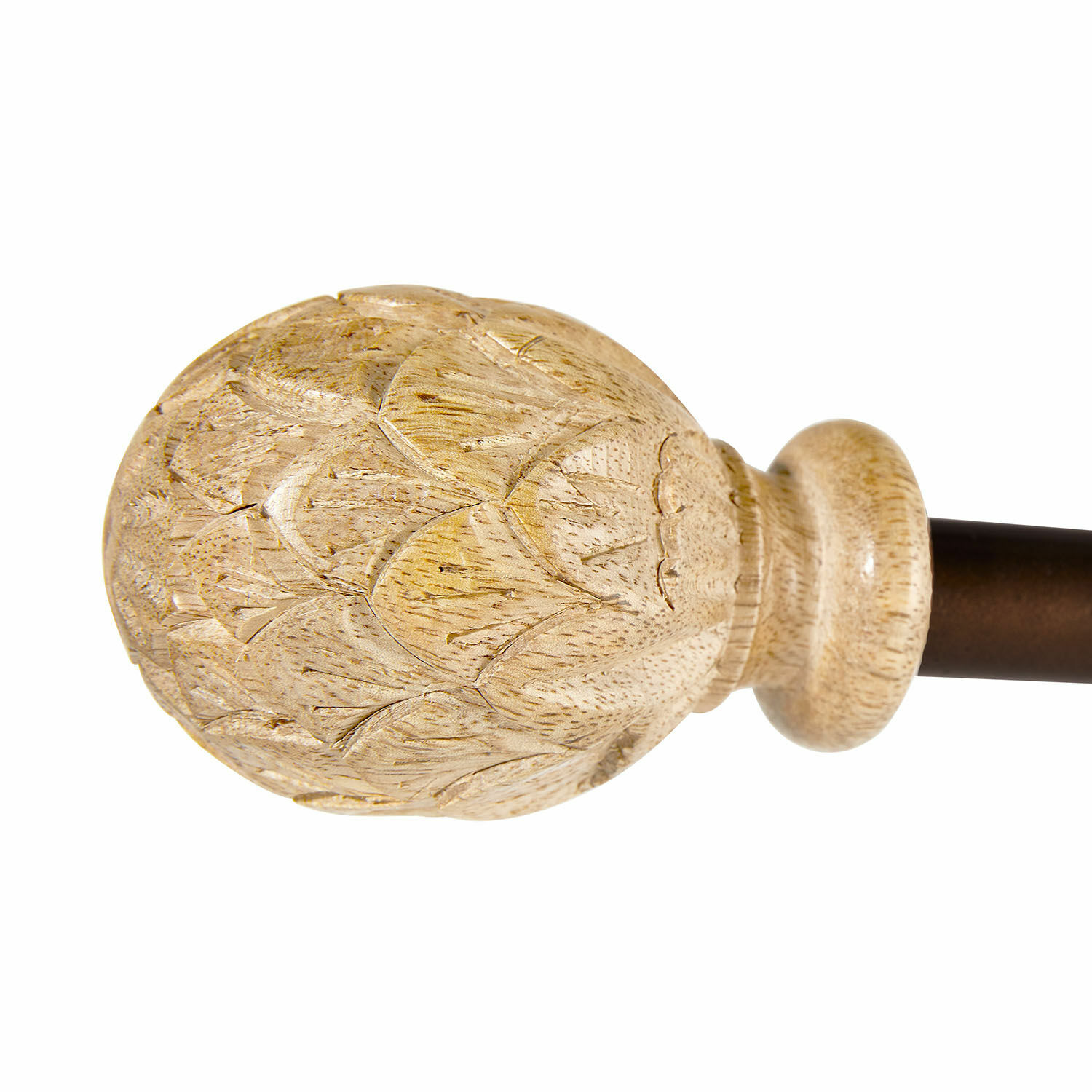marrone Bastone per tende in metallo marrone con terminale in legno chiaro intagliato per decorazione