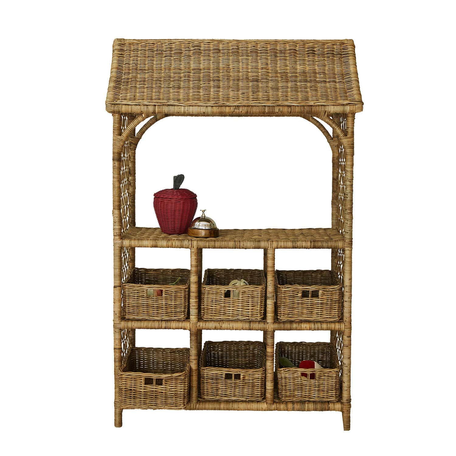 Negozio giocattolo Callidia Scaffale in rattan naturale con sei cesti e mela decorativa rossa, mobile contenitore pratico