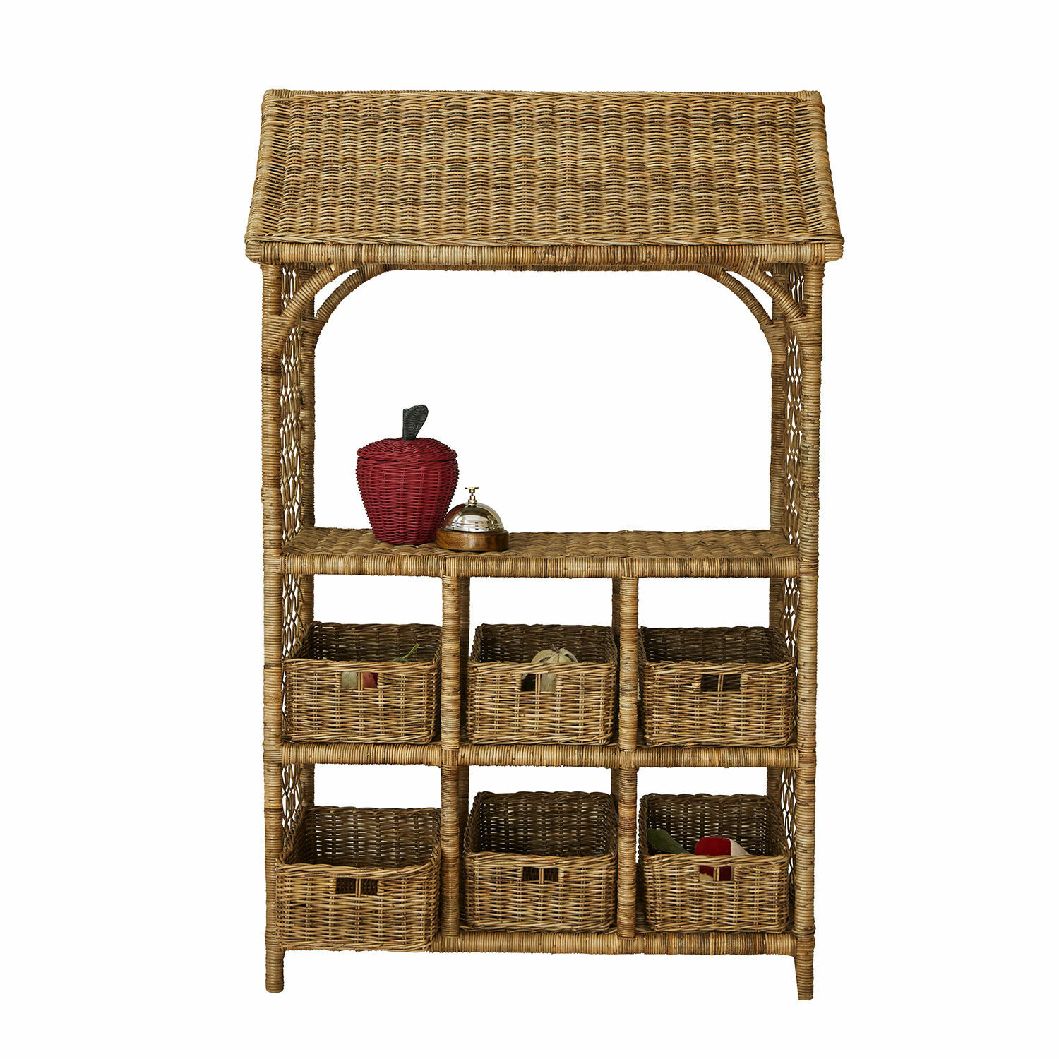 Negozio giocattolo Callidia Scaffale in rattan naturale con sei cesti e mela decorativa rossa, mobile contenitore pratico