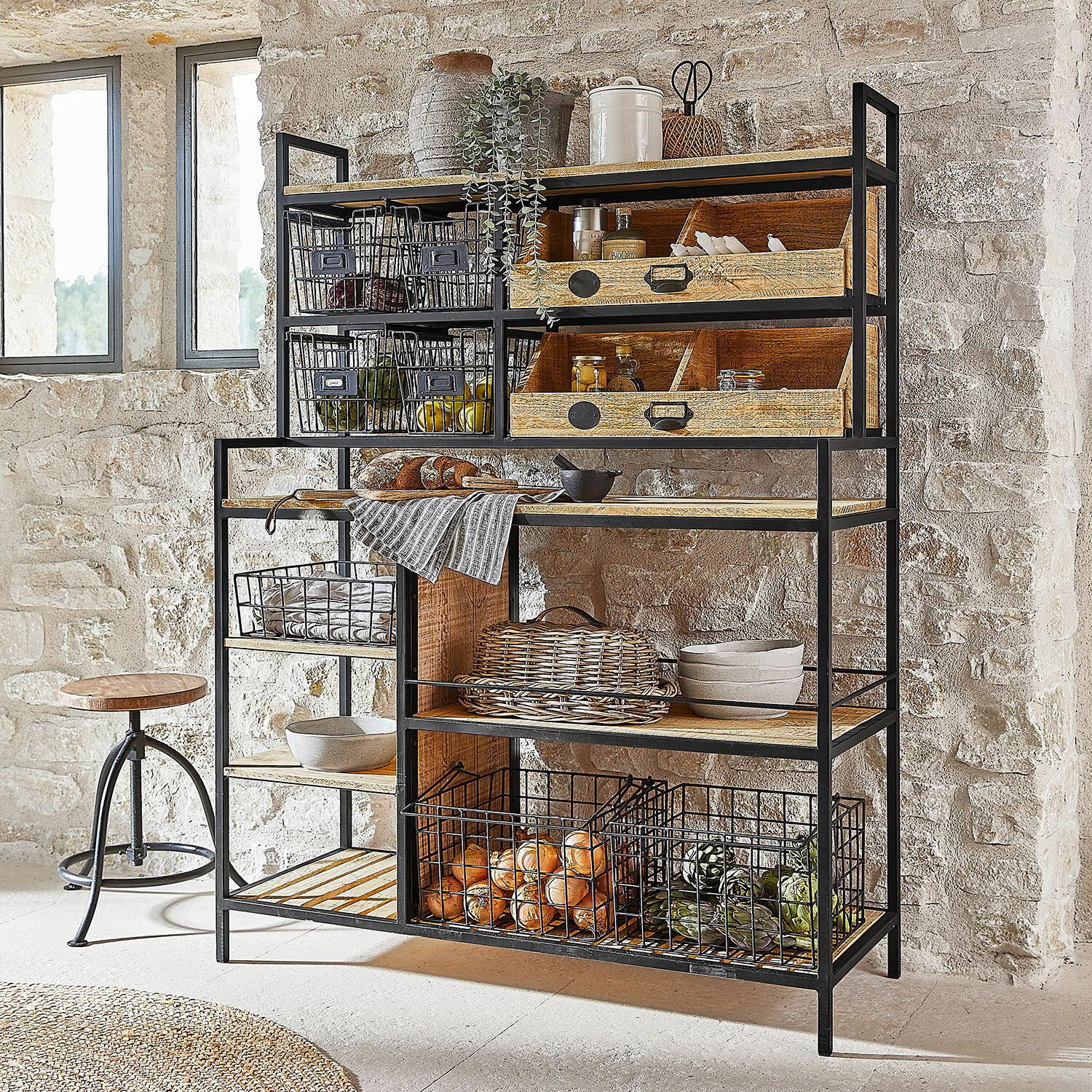 Scaffale Greenbriar Scaffale da cucina in metallo e legno con cesti per verdure e accessori in stile industriale