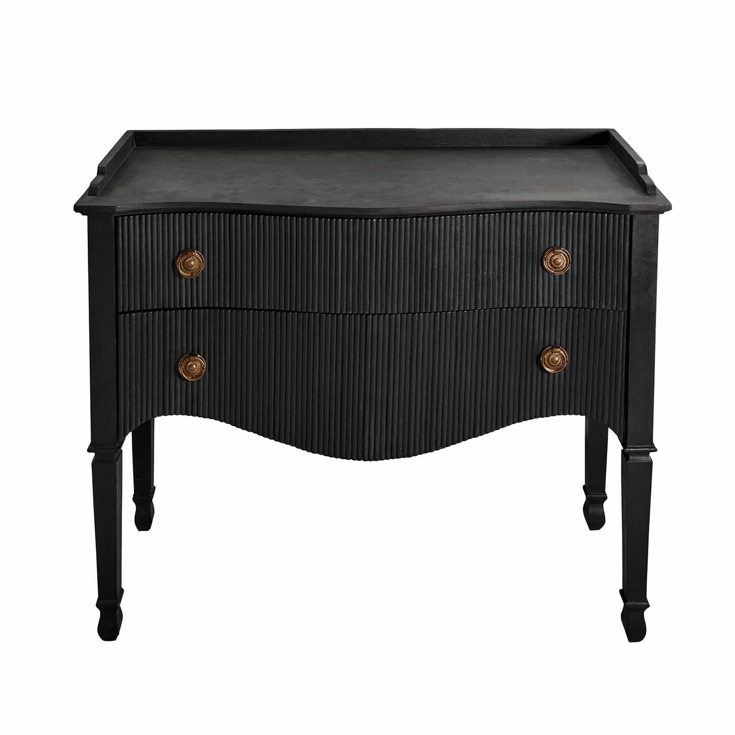 Cassettiera Boissiére Comò nero con due cassetti ondulati e maniglie in ottone, mobile elegante per soggiorno