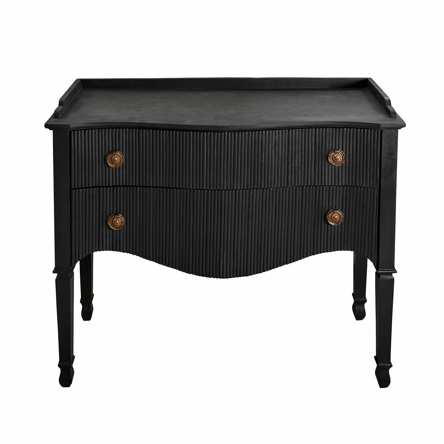 Cassettiera Boissiére Comò nero con due cassetti ondulati e maniglie in ottone, mobile elegante per soggiorno