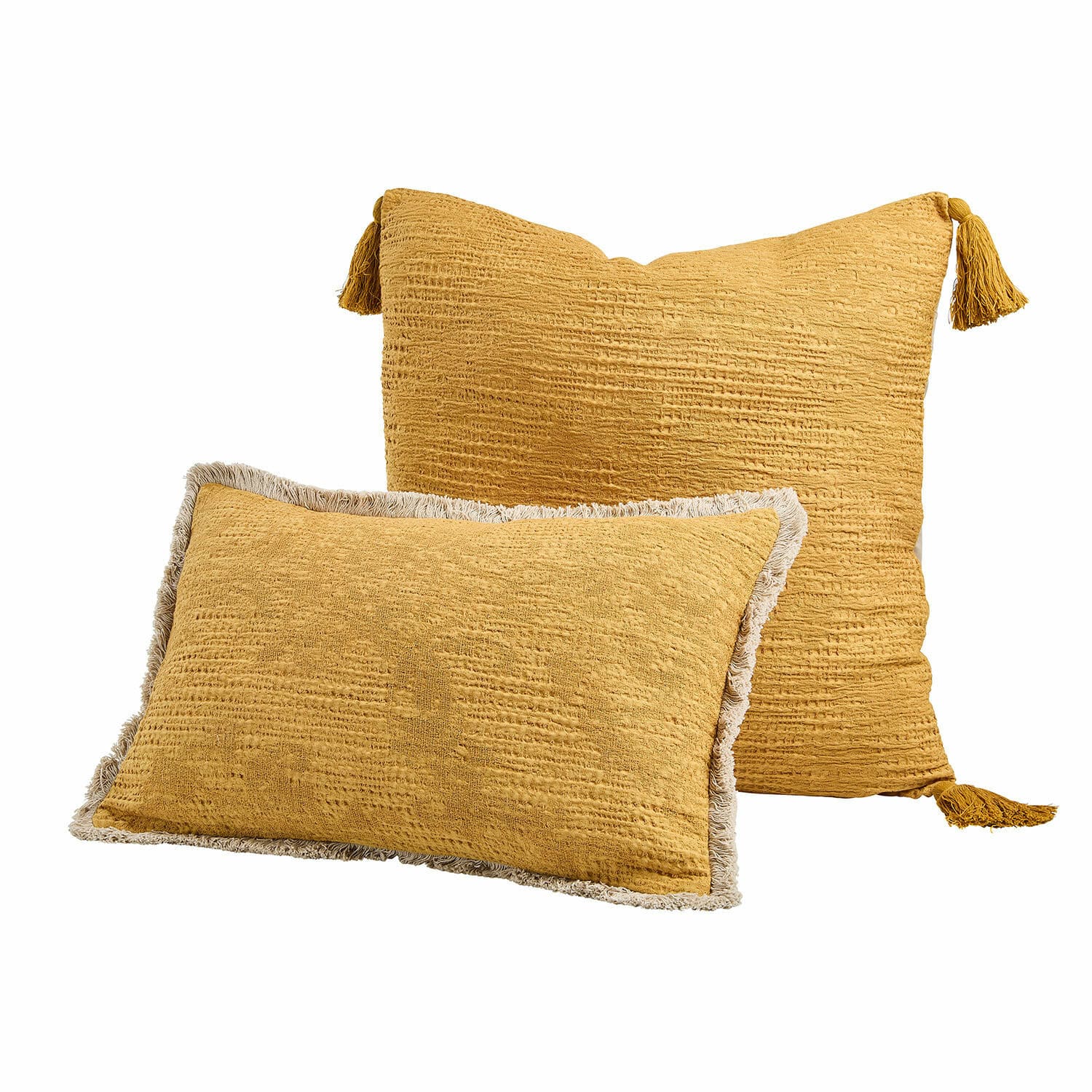 Coppia di copricuscini Rabea Set di due cuscini decorativi color senape in tessuto morbido con nappine agli angoli