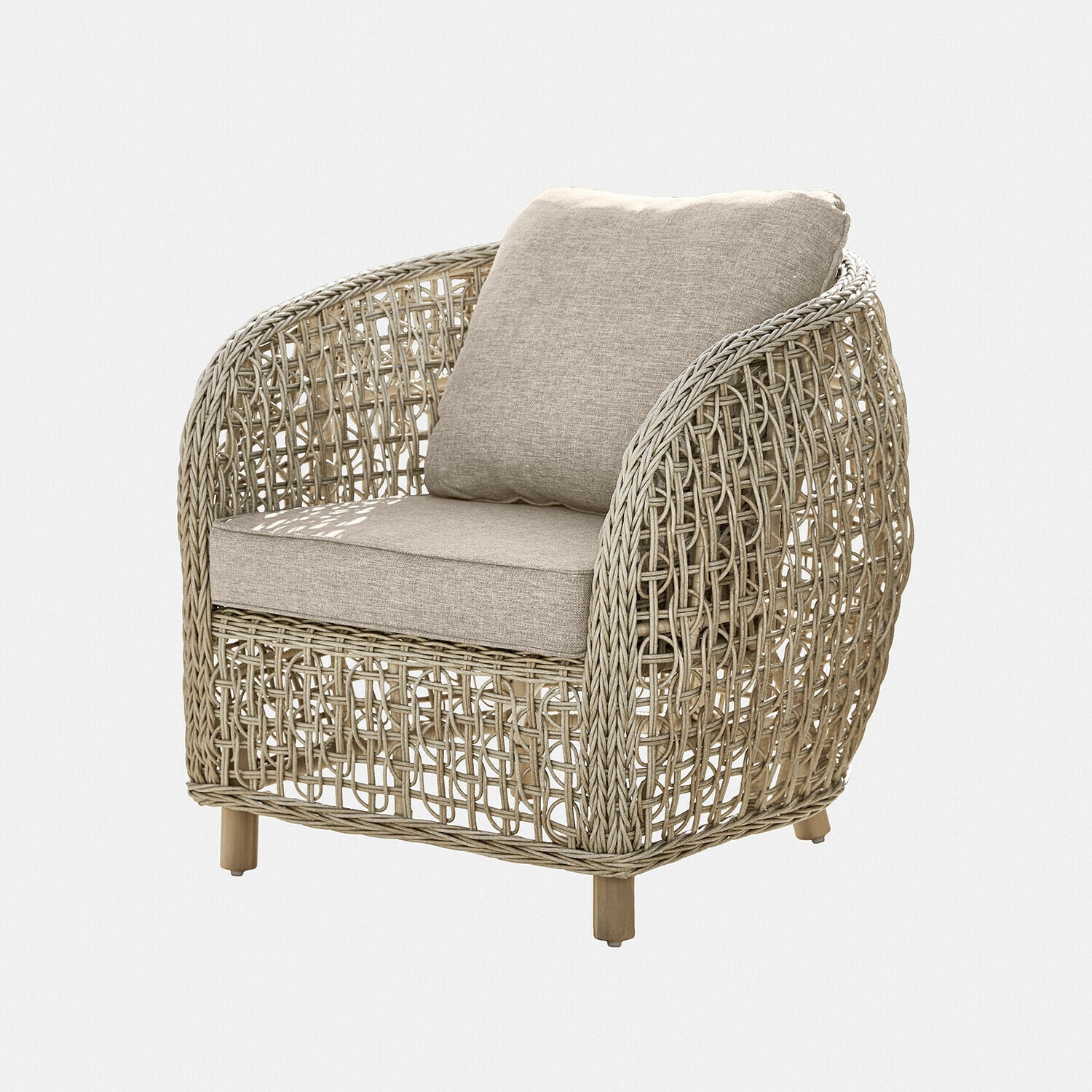 Sedia Ventiglio Poltrona in rattan beige con cuscini morbidi, perfetta per un soggiorno accogliente
