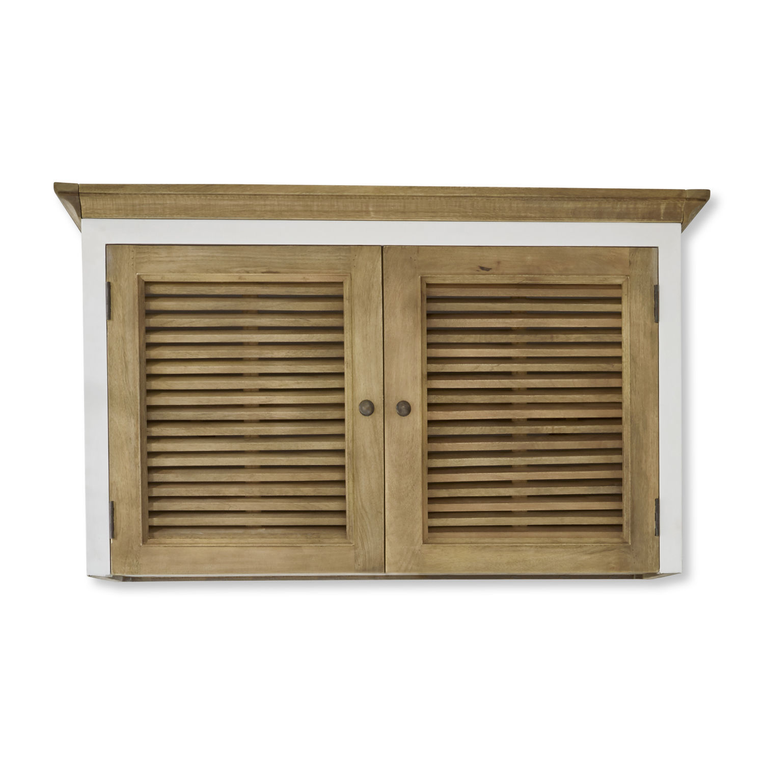 Elemento top Comtois Mobile da parete in legno con cornice bianca e due ante a persiana in legno naturale