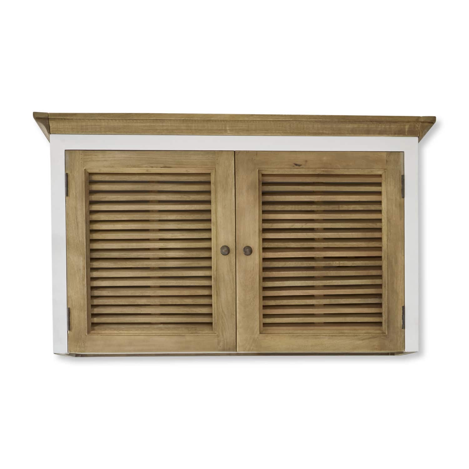 Elemento top Comtois Mobile da parete in legno con cornice bianca e due ante a persiana in legno naturale
