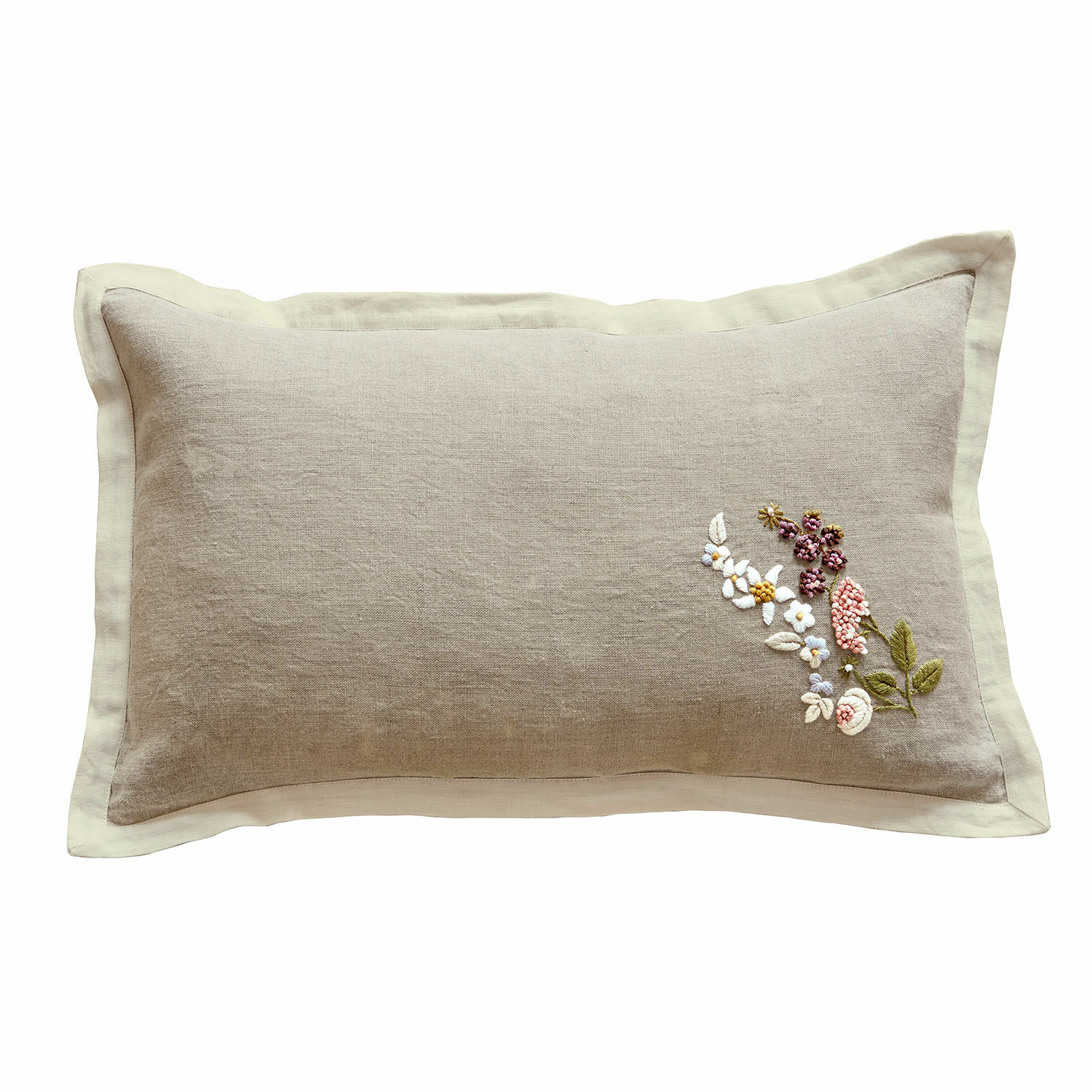 Copricuscino Tavaline Cuscino beige in lino con ricamo floreale e bordo crema, decorazione elegante per il soggiorno