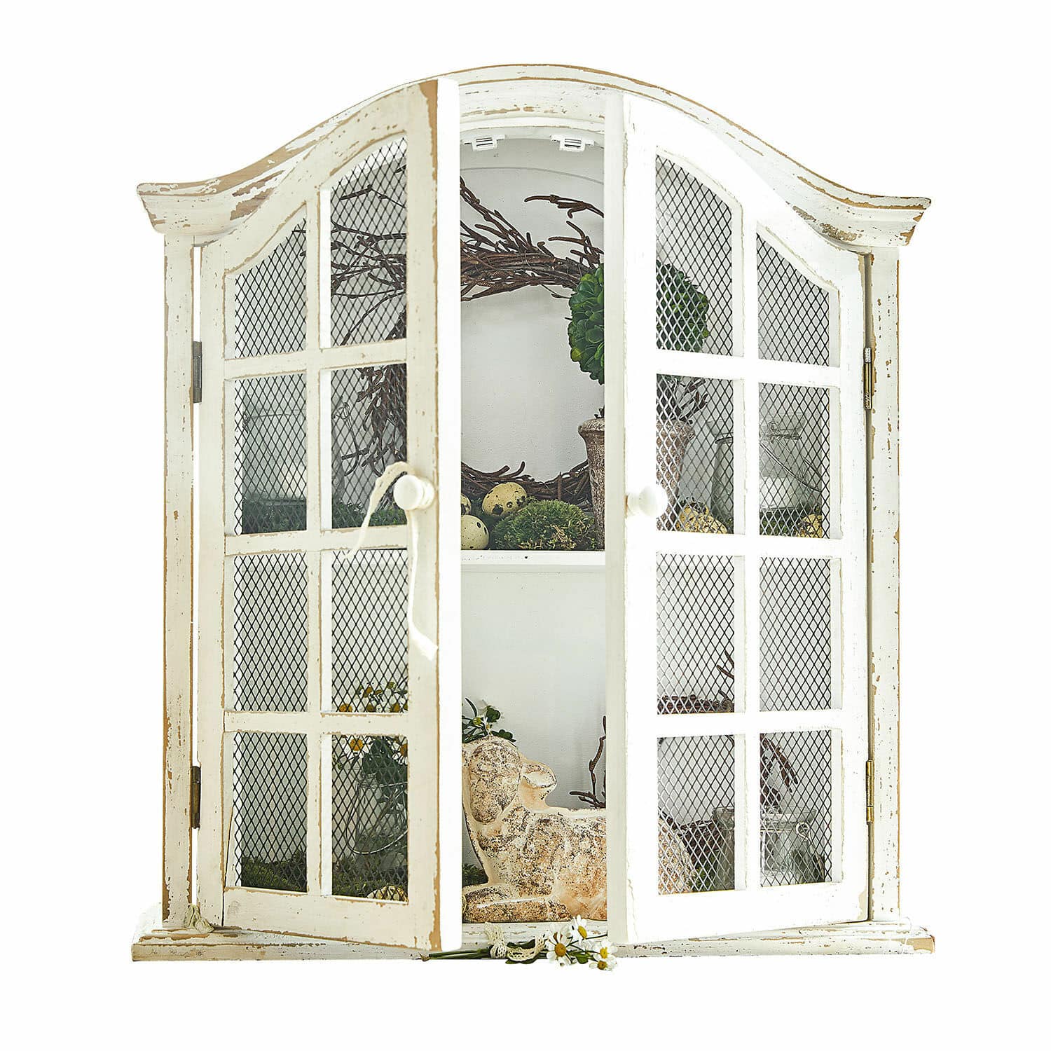 Armadietto da parete Monthelie Vetrina bianca in legno con porte a rete, stile vintage, decorazioni interne, mobile soggiorno
