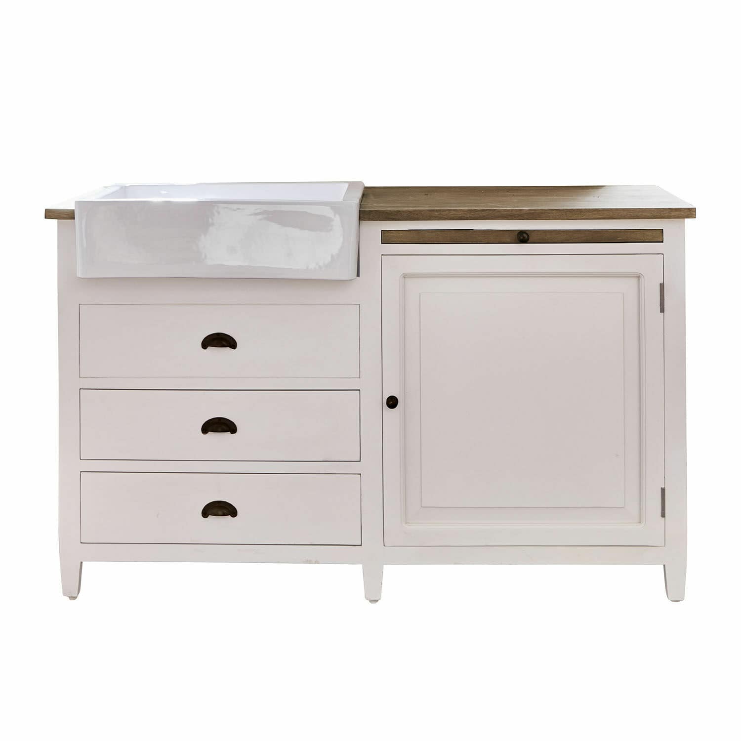 Mobile cucina crema e marrone con lavello in ceramica e tre cassetti in legno