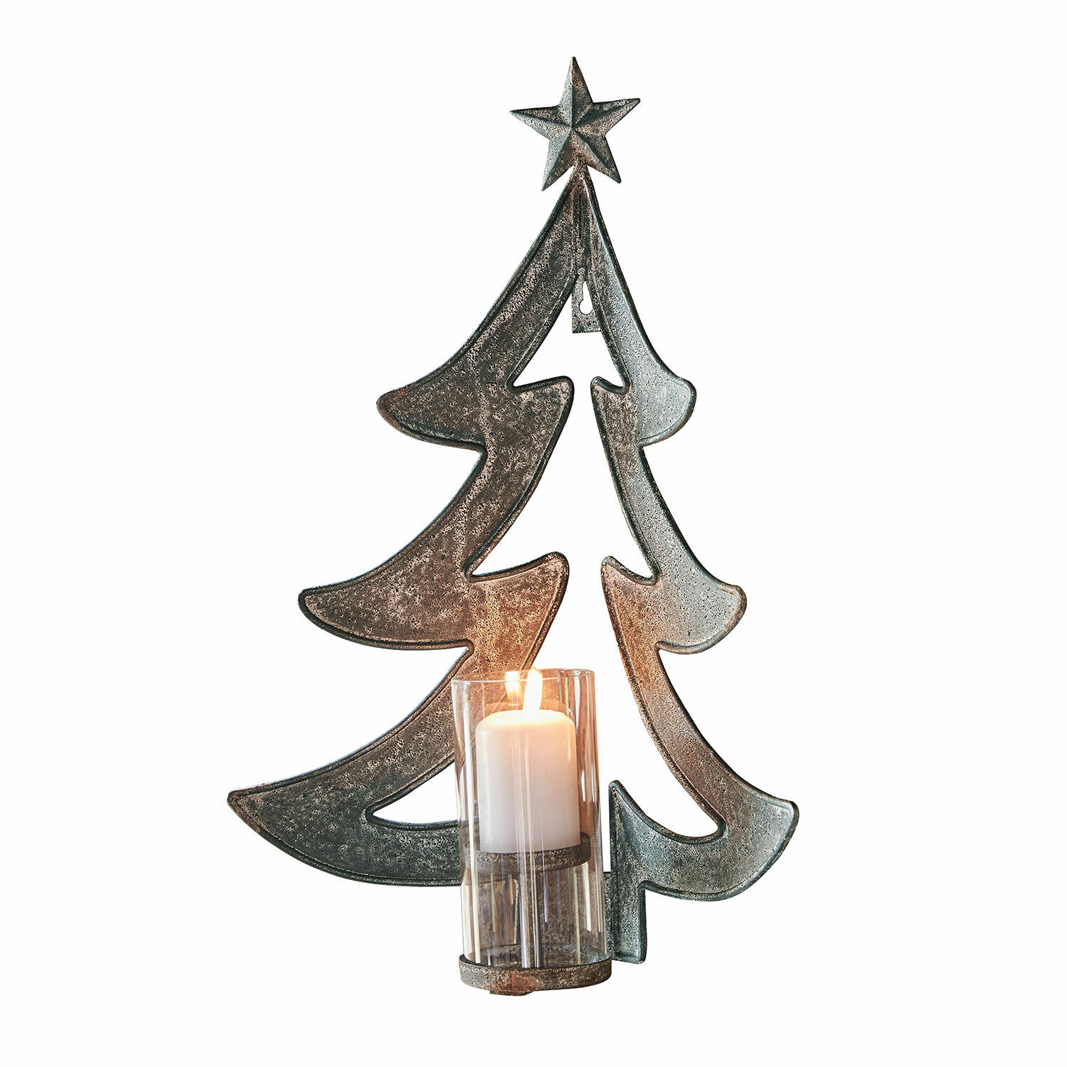 Portacandele da parete Jolise Decorazione albero di Natale in metallo grigio con stella e portacandela in vetro per atmosfera festiva