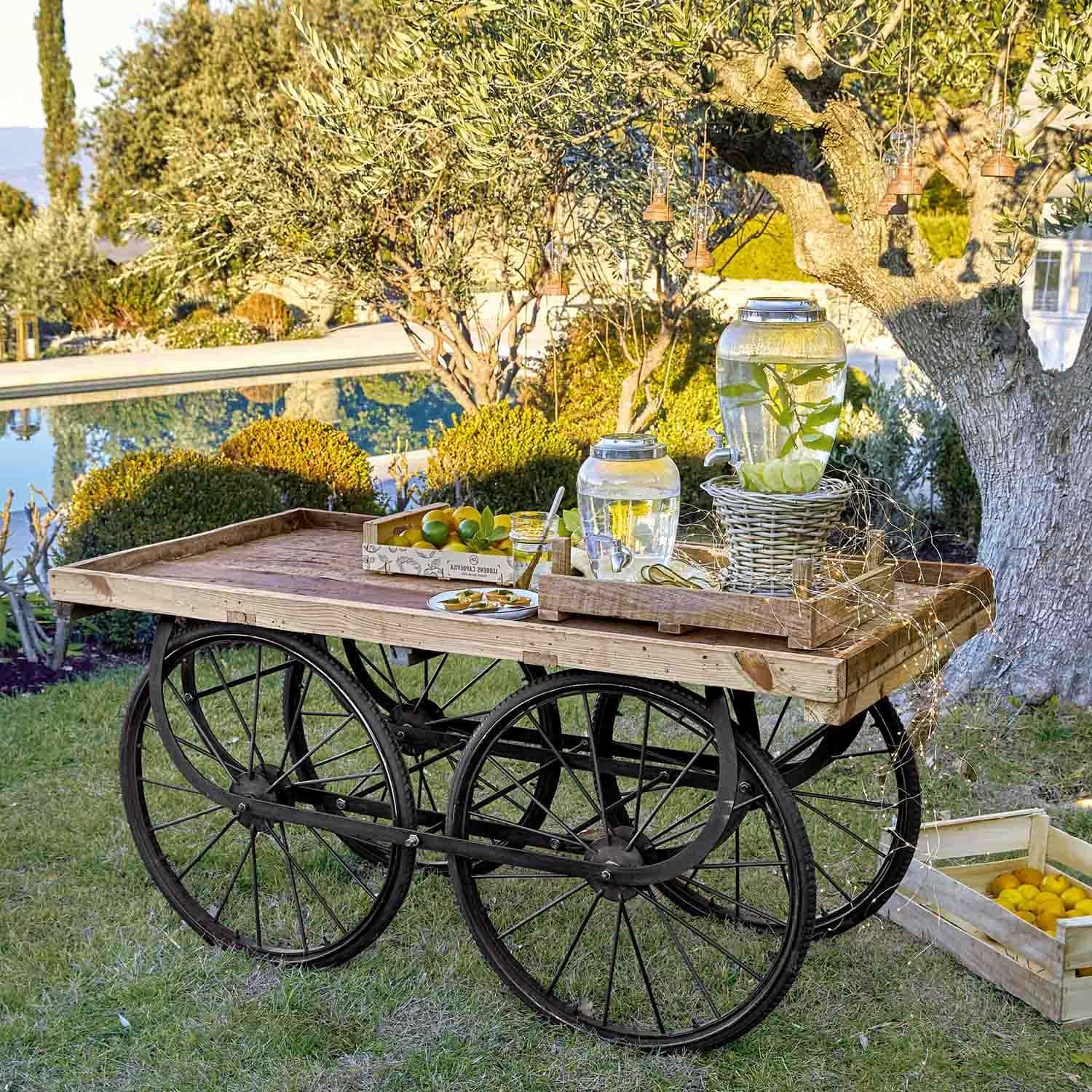Carrello in legno con ruote nere e dispenser d'acqua in vetro con limone in giardino