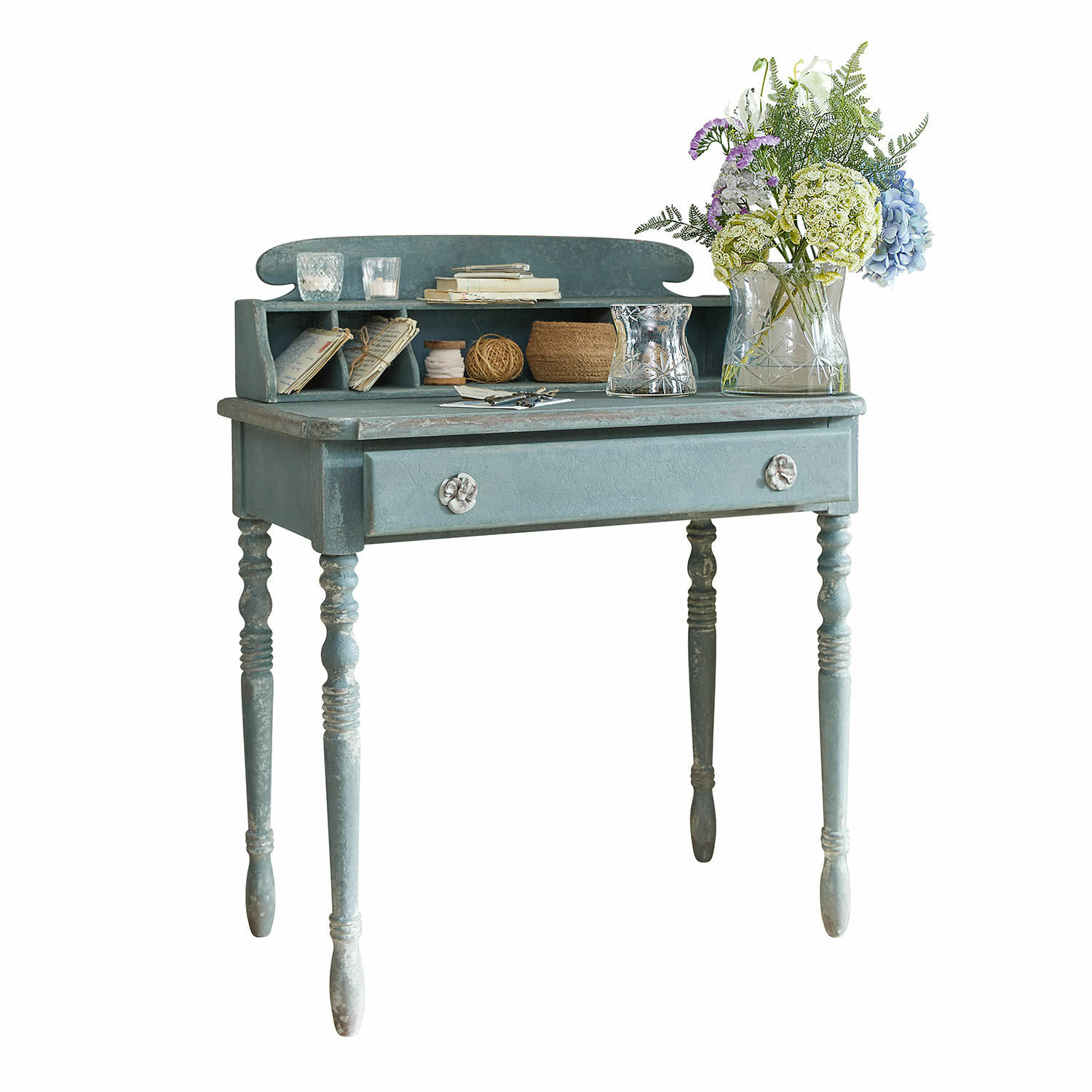 Consolle Lartigue Scrivania in legno blu con cassetto e ripiani, mobile vintage per conservazione e decorazione