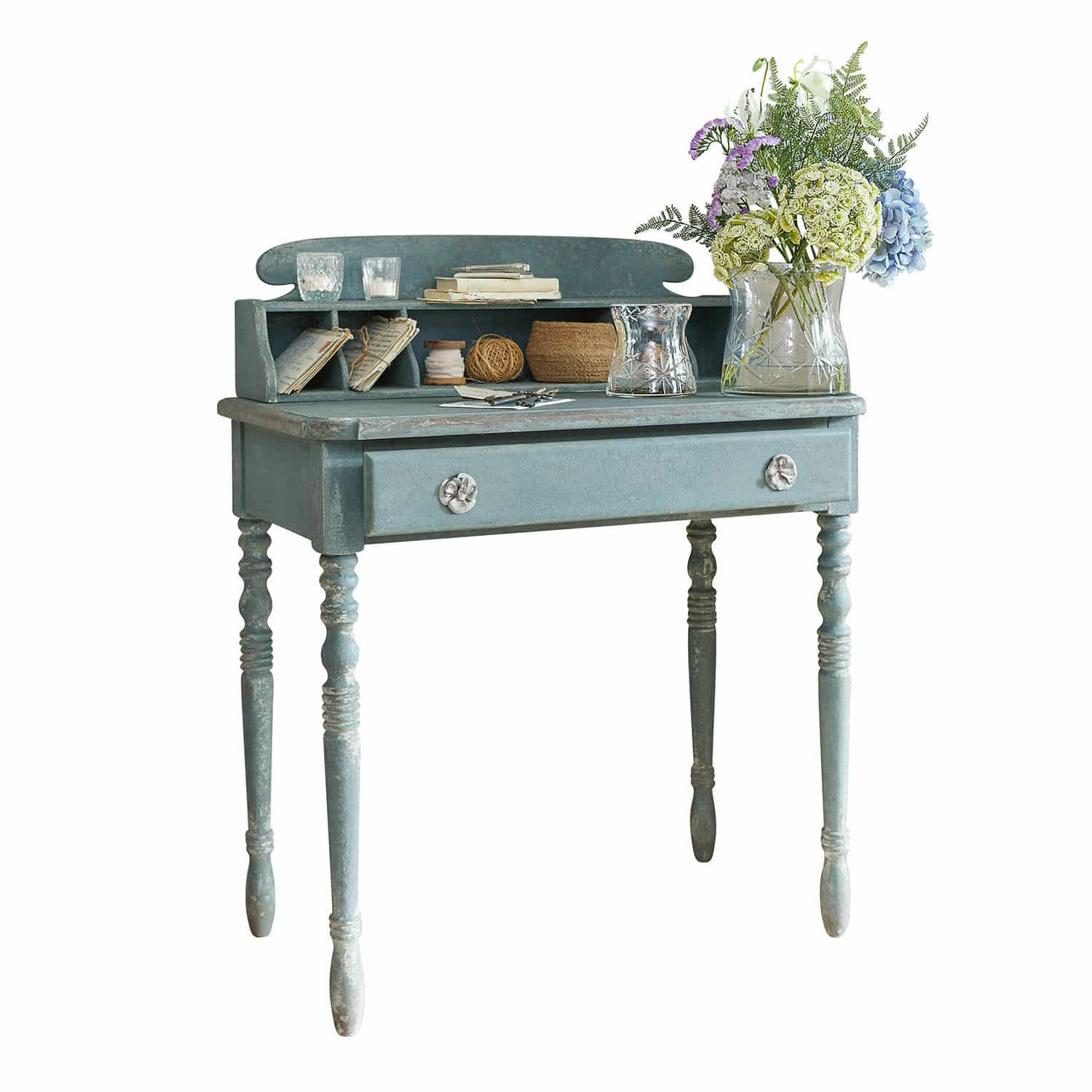 Consolle Lartigue Scrivania in legno blu con cassetto e ripiani, mobile vintage per conservazione e decorazione