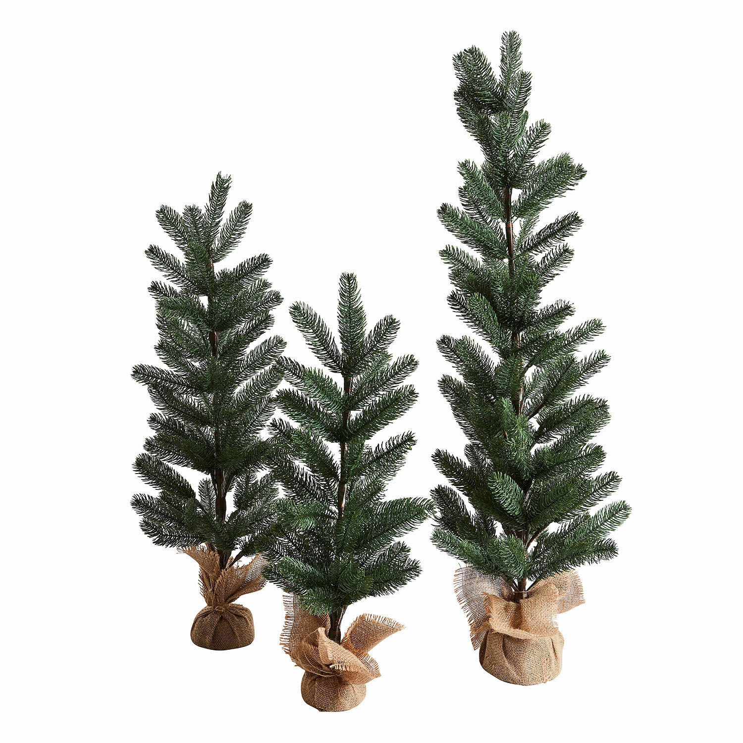 Set di 3 alberelli decorativi Merpins Tre alberi di Natale artificiali con aghi verdi e base in juta, decorazione natalizia elegante