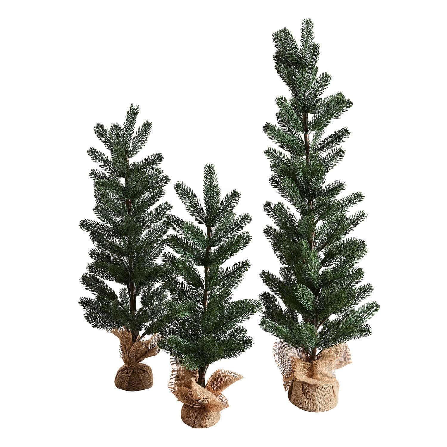 Set di 3 alberelli decorativi Merpins Tre alberi di Natale artificiali con aghi verdi e base in juta, decorazione natalizia elegante