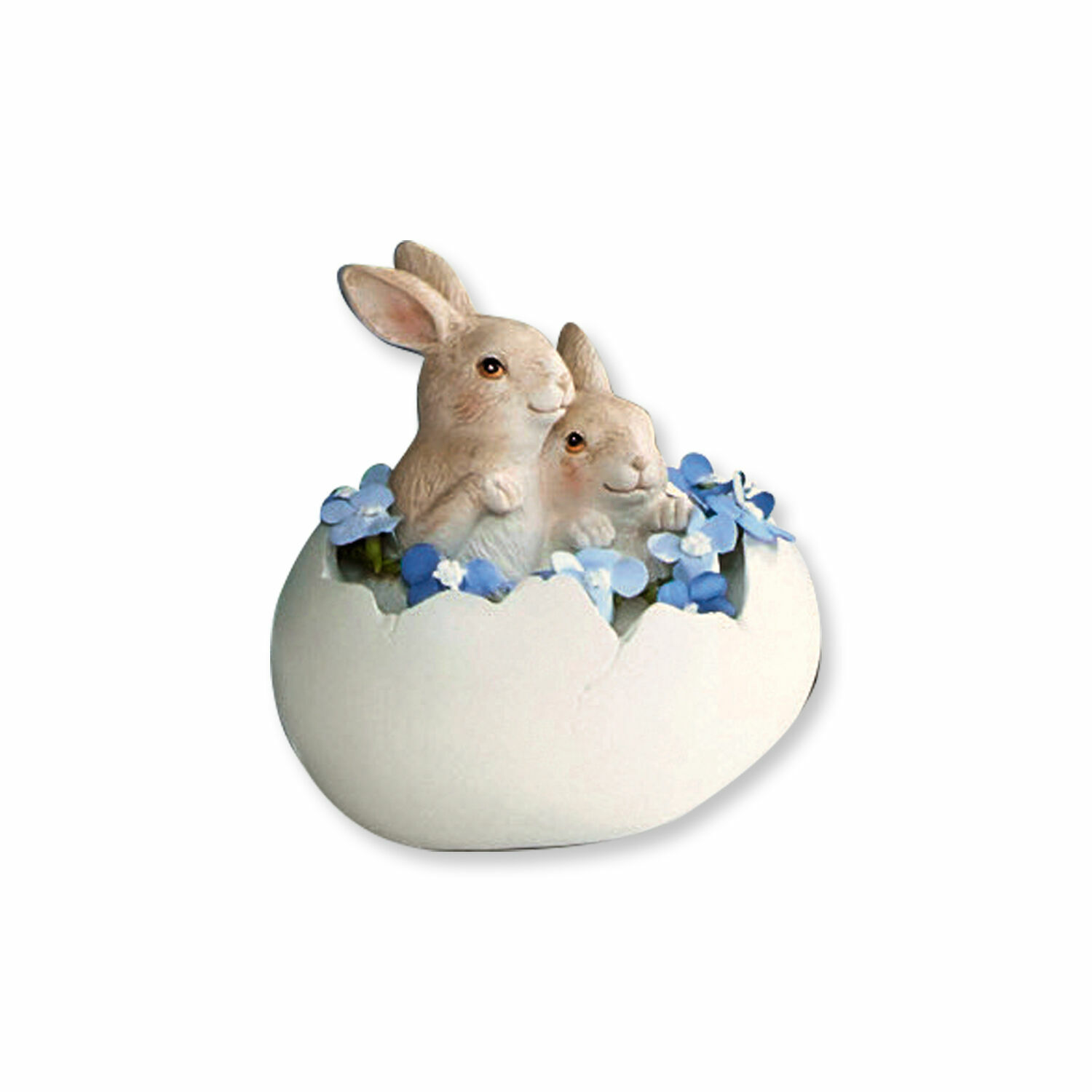 Coniglietti con uovo Miksa Figura in ceramica di due conigli in guscio d'uovo con fiori blu, decorazione pasquale