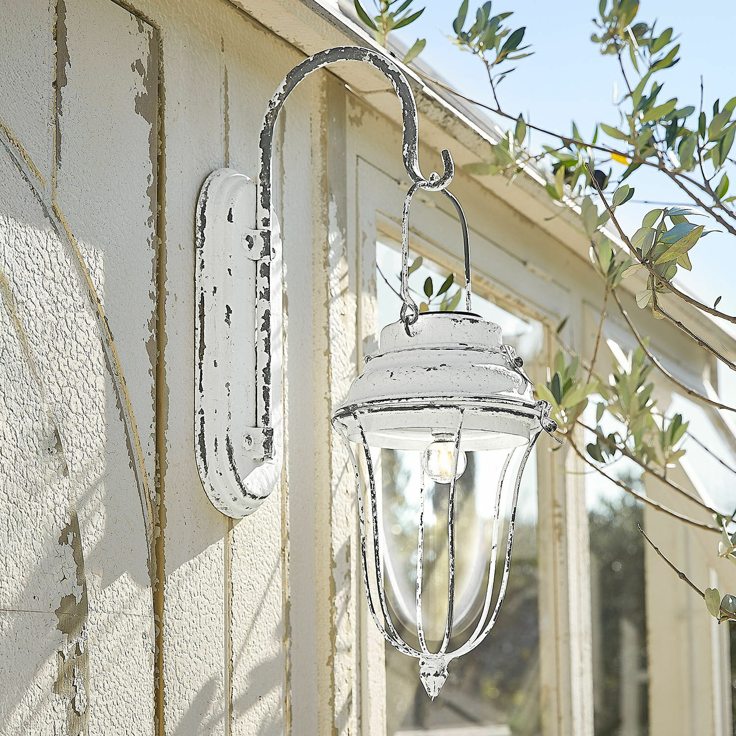 Lanterna solare Galexor Applique da esterno in metallo bianco stile vintage con paralume trasparente per illuminazione giardino