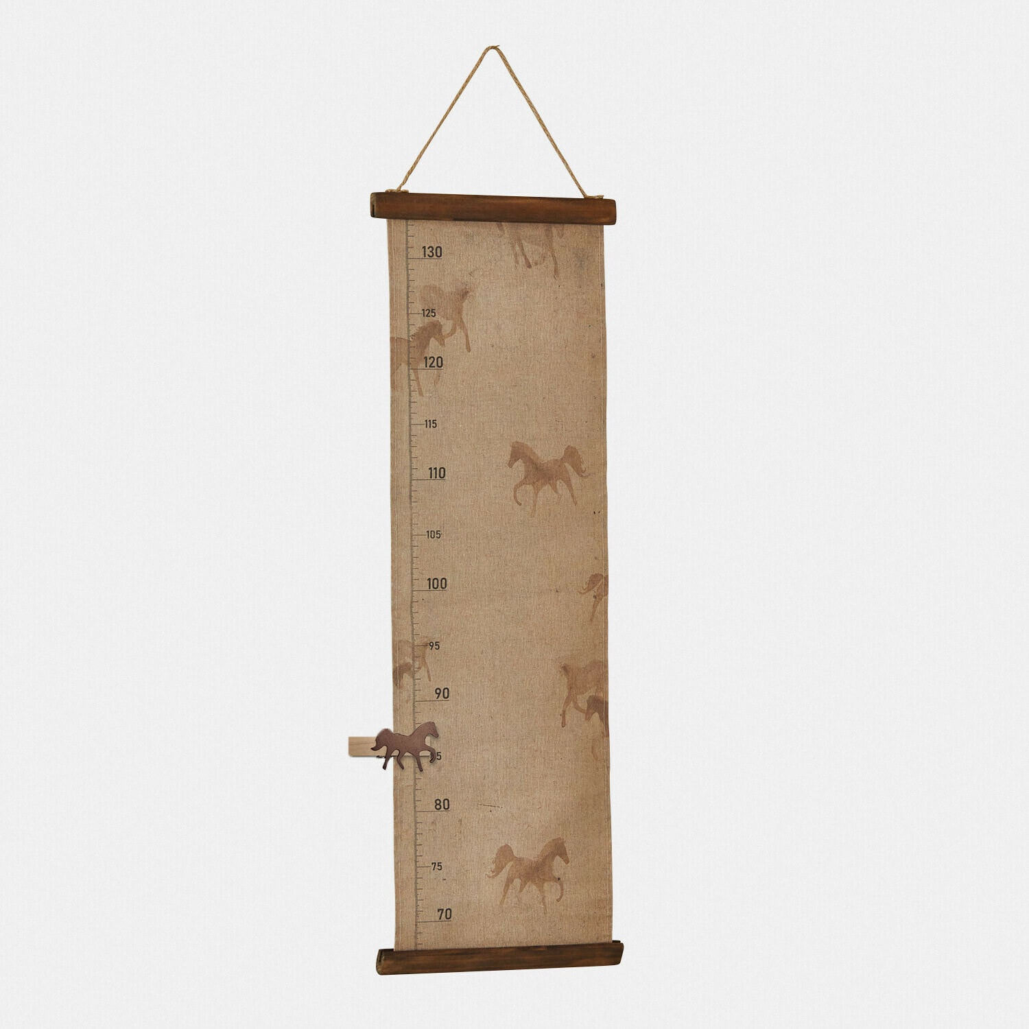 Poster Windermay Metro da parete in tessuto naturale con dettagli in legno e motivo cavalli beige per misurare l'altezza